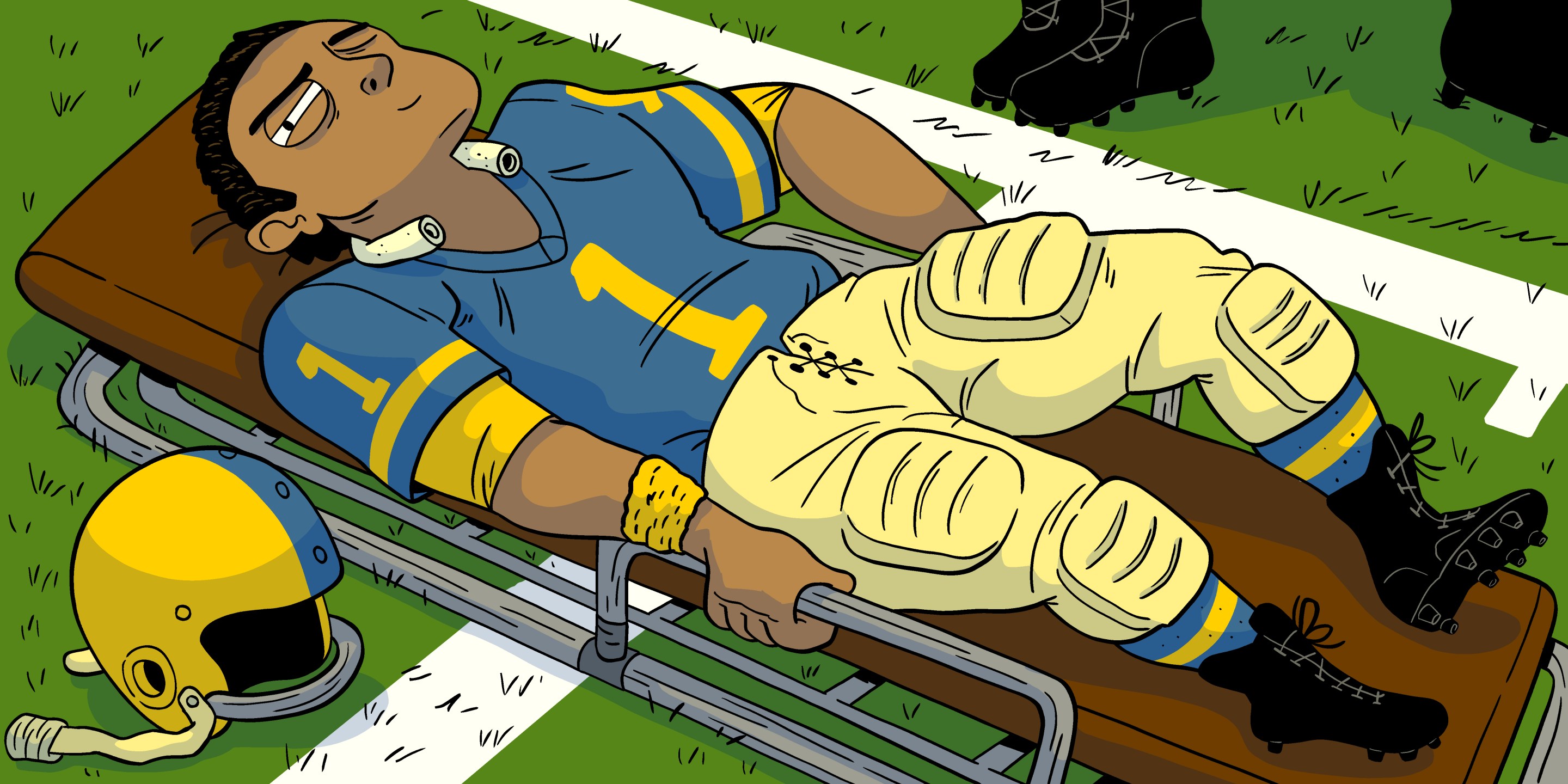 Drawing of a fake-injured football player preparing to take part in a trick play.