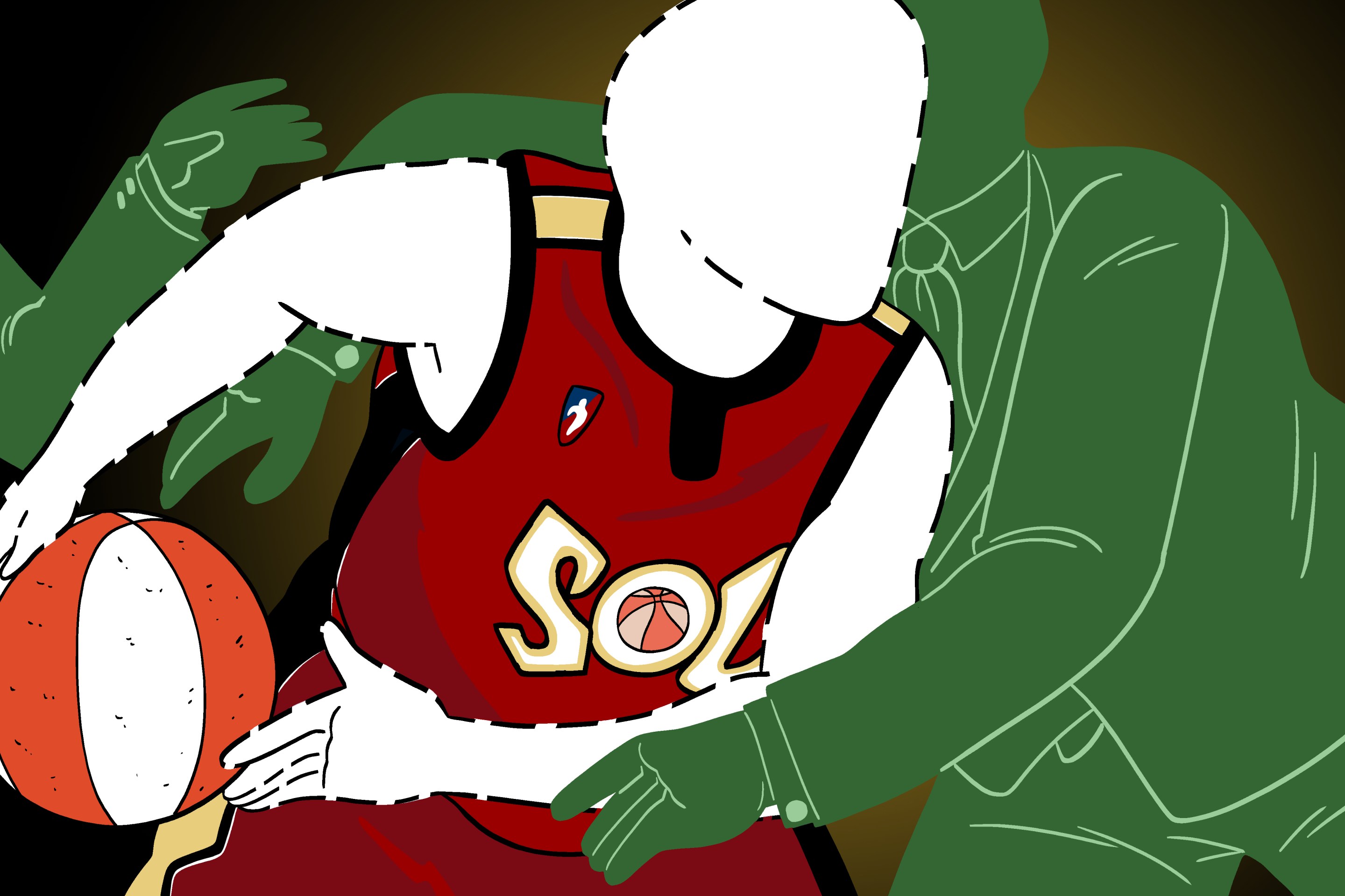 An illustration showing a silhouette of a player in a Miami Sol jersey being grabbed by two silhouette of men in suits
