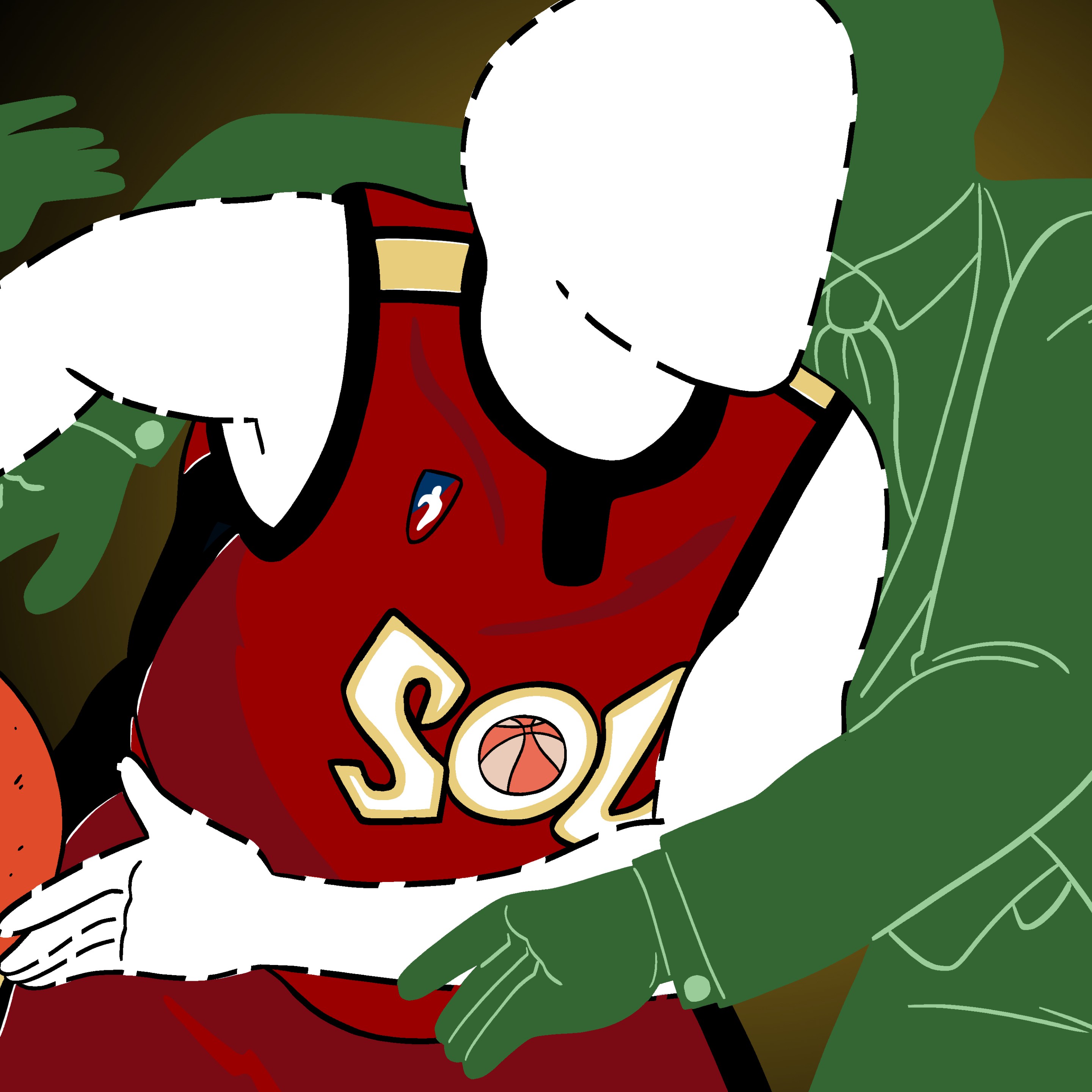 An illustration showing a silhouette of a player in a Miami Sol jersey being grabbed by two silhouette of men in suits