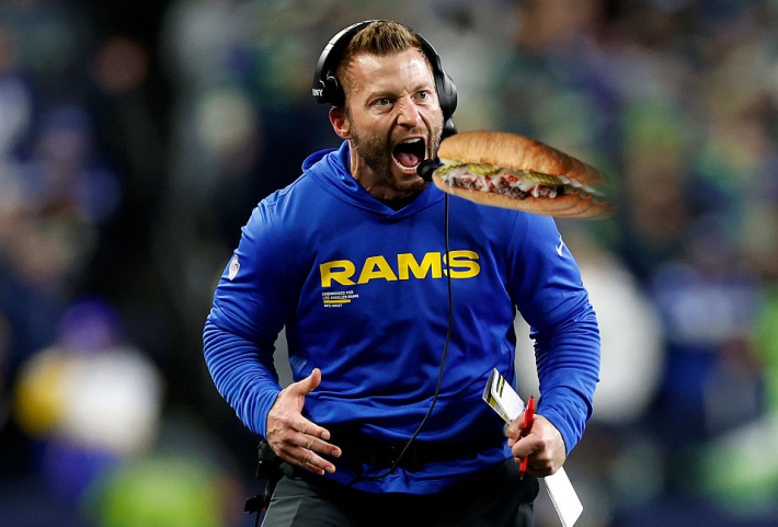 Sean McVay screaming as a photoshopped sandwich flies into his mouth