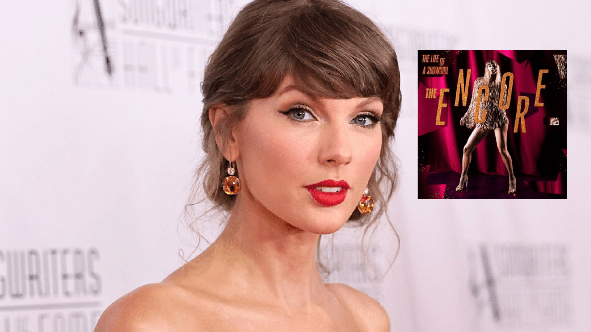 Taylor Swift in a strapless dress on a red carpet for the Songwriters Hall of Fame with the album art for The Life of a Showgirl: The Encore superimposed next to her.