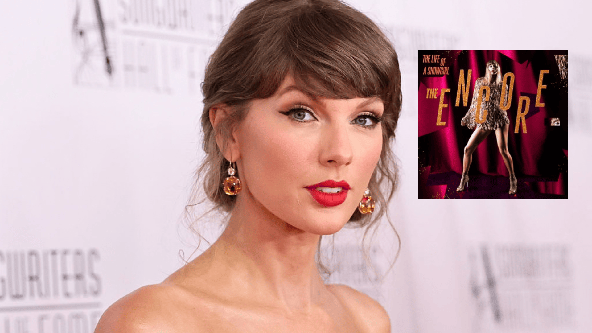 Taylor Swift in a strapless dress on a red carpet for the Songwriters Hall of Fame with the album art for The Life of a Showgirl: The Encore superimposed next to her.