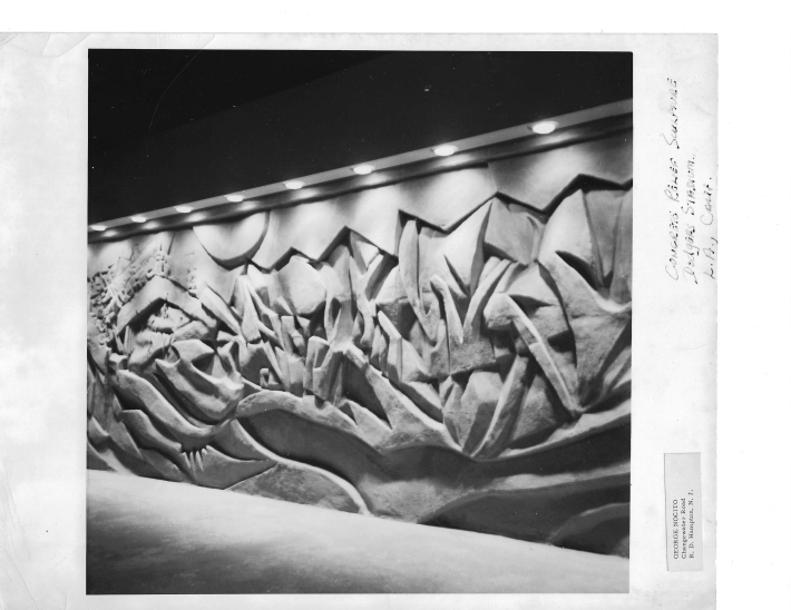 A photo of a photo of the concrete murals from George Nocito's personal records, with annotations on the side.