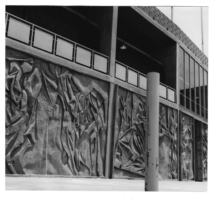 A black and white image of the concrete murals from the 1960s.