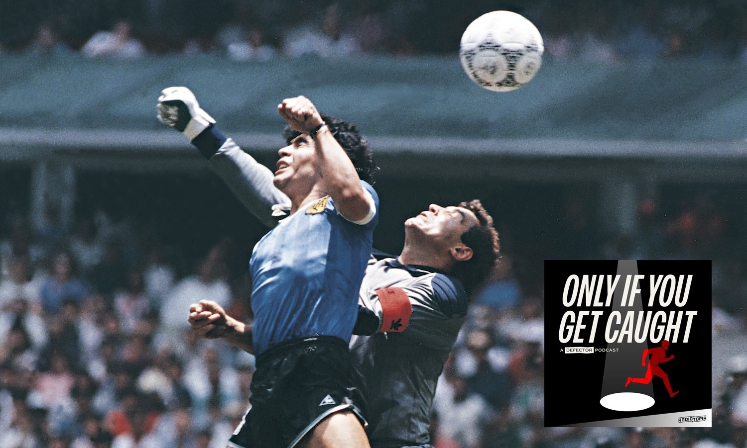 MEXICO CITY, MEXICO - JUNE 22: Diego Maradona of Argentina uses his hand to score the first goal of his team during a 1986 FIFA World Cup Quarter Final match between Argentina and England at Azteca Stadium on June 22, 1986 in Mexico City, Mexico. Maradona later claimed that the goal was scored by 'The Hand Of God'. (Photo by Archivo El Grafico/Getty Images)