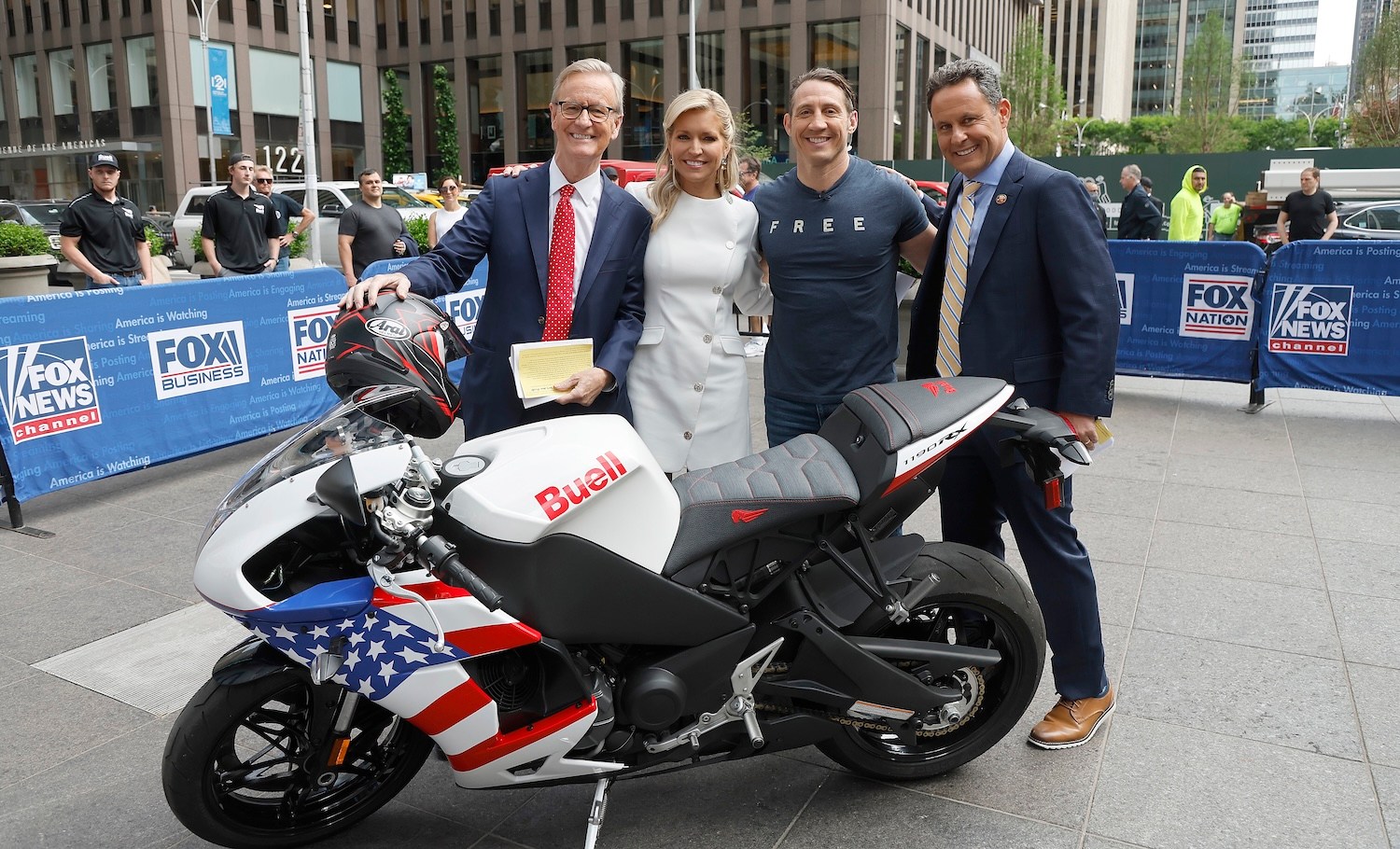 NEW YORK, NEW YORK - JUNE 07: Fox anchors Steve Doocy, Ainsley Earhardt and Brian Kilmeade interview Save Our Allies Founder, Tim Kennedy outside the Fox News Channel Studios on June 07, 2022 in New York City. (Photo by John Lamparski/Getty Images)