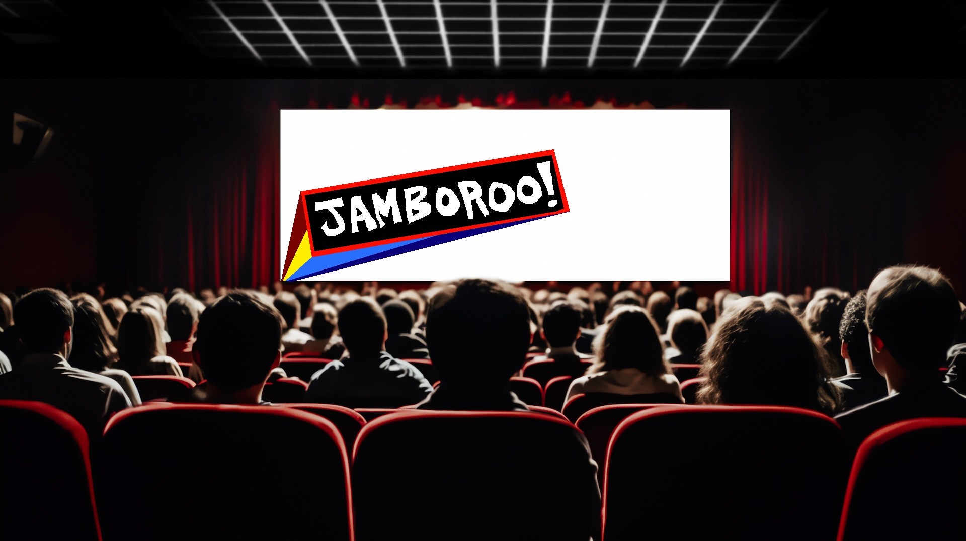 People in the cinema auditorium with empty white screen.