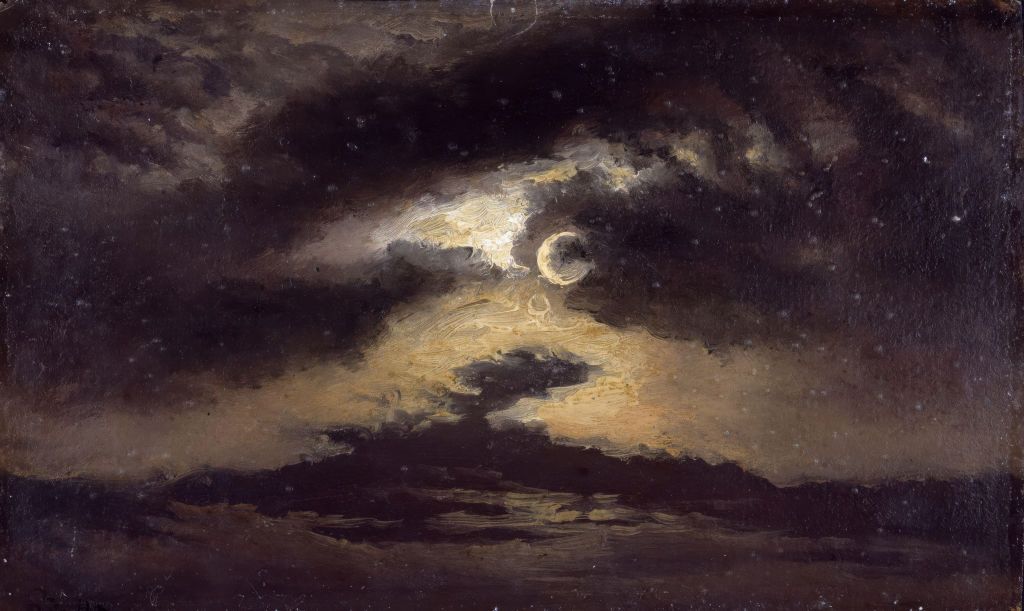 dark painting of the moon shining through some clouds