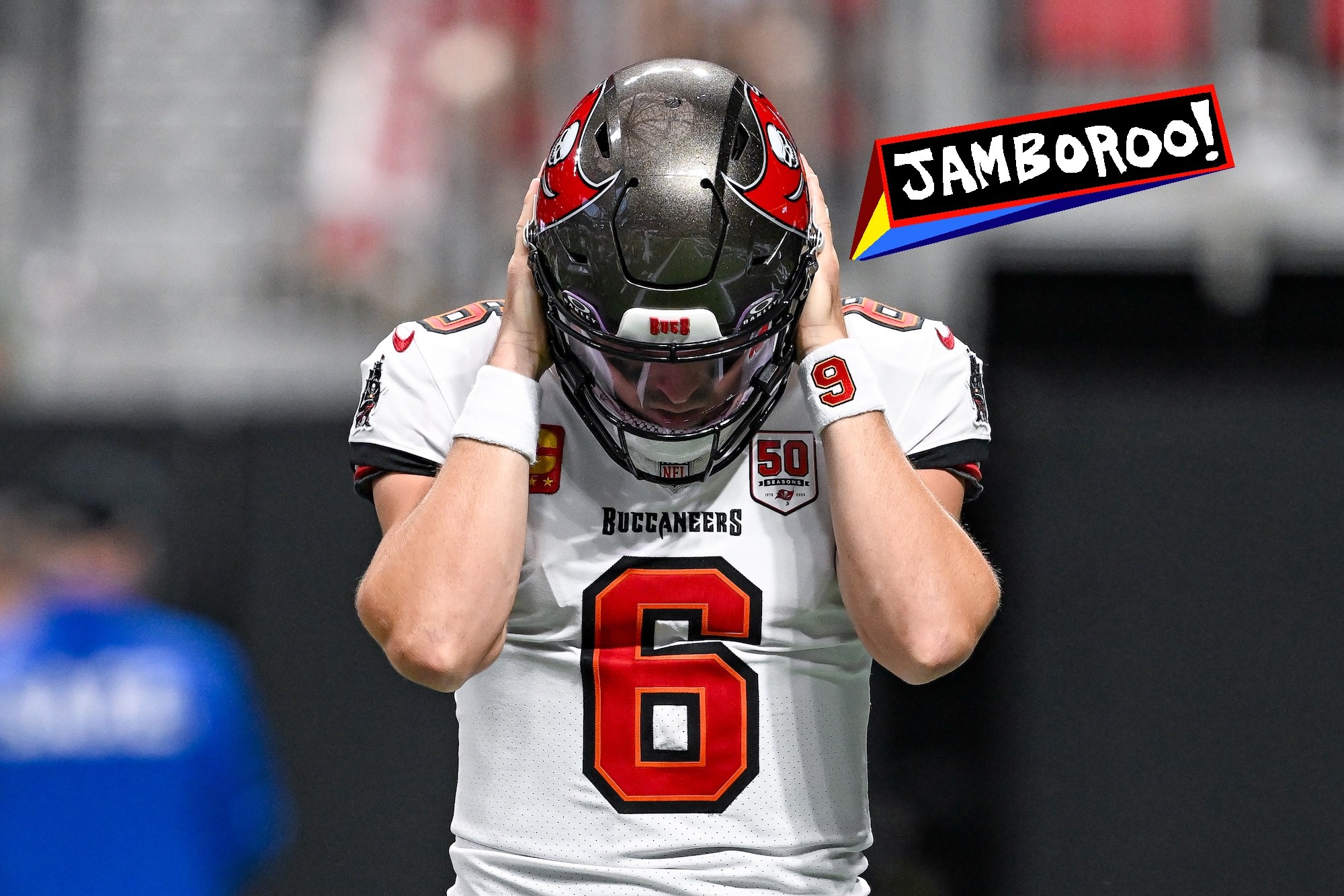 ATLANTA, GA - SEPTEMBER 07: Tampa Bay quarterback Baker Mayfield (6) covers his ears to hear the call in his helmet during the NFL game between the Tampa Bay Buccaneers and the Atlanta Falcons on September 7th, 2025 at Mercedes-Benz Stadium in Atlanta, GA. (Photo by Rich von Biberstein/Icon Sportswire via Getty Images)