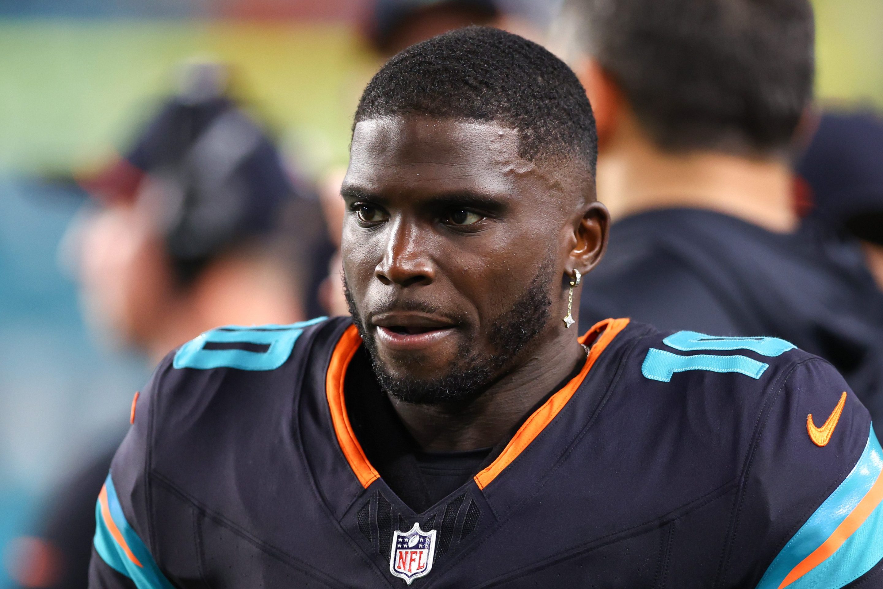 Tyreek Hill #10 of the Miami Dolphins looks on against the New York Jets during the third quarter of the game at Hard Rock Stadium on September 29, 2025 in Miami Gardens, Florida.