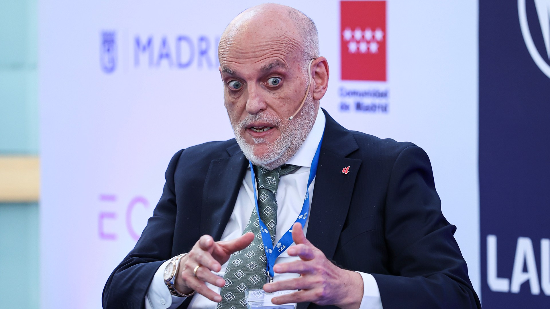 Javier Tebas, president of LaLiga, participates in a discussion on “Technology, Piracy, and Artificial Intelligence in Sports” during the ISDE Sports Convention at the Official College of Architects of Madrid on May 21, 2026, in Madrid, Spain.