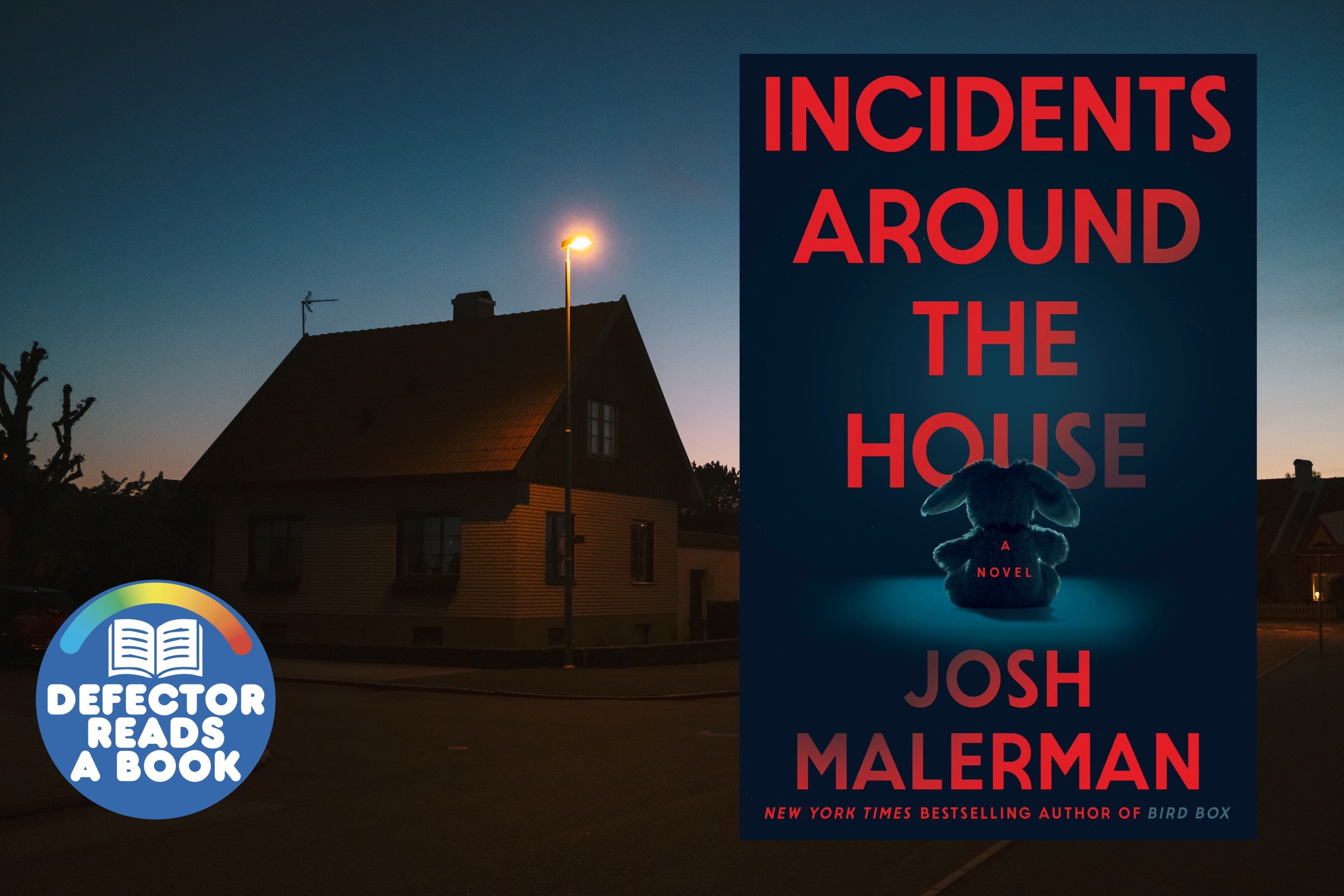 A residential area on a quiet, atmospheric evening with street lights outside the houses on the street. The cover of the book 'Incidents Around The House.'