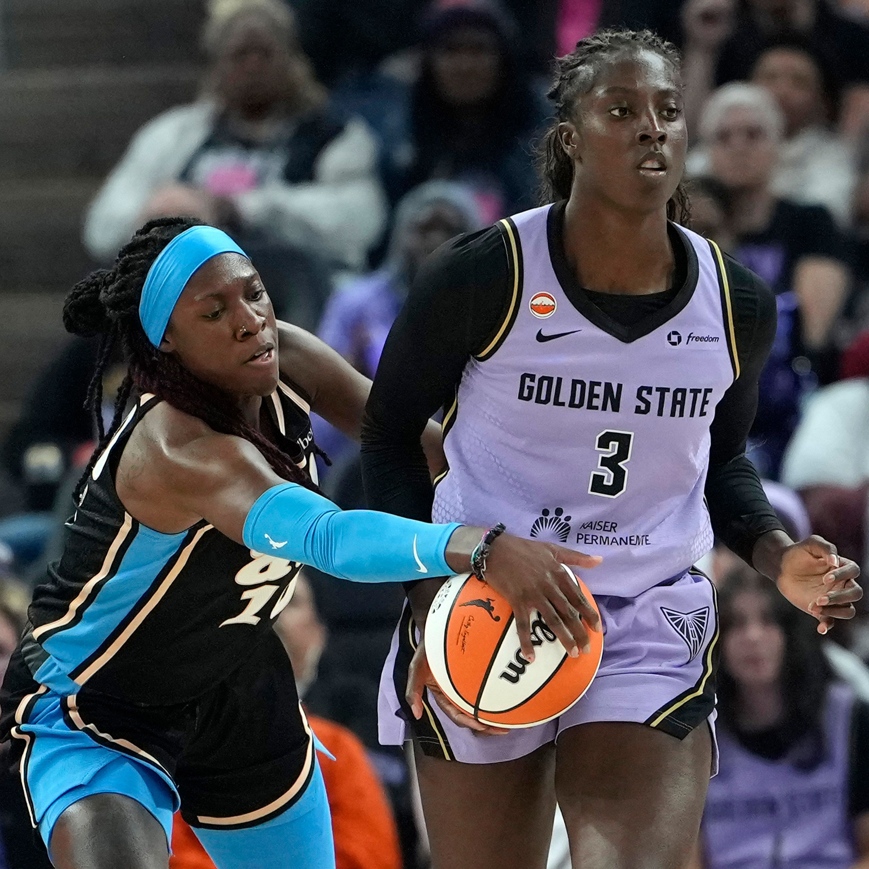 Rhyne Howard #10 of the Atlanta Dream steals the ball from Laeticia Amihere #3 of the Golden State Valkyries during the first half at Chase Center on June 26, 2026 in San Francisco, California.
