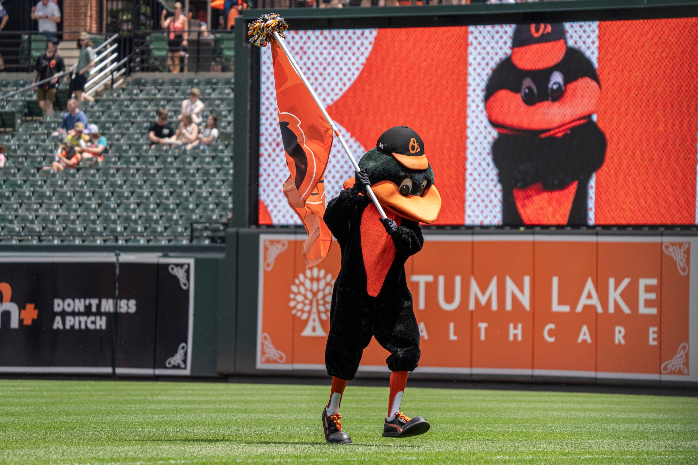 The Oriole Bird, mascot of the Baltimore Orioles, runs onto the field before a baseball game between the Chicago White Sox and the Baltimore Orioles at Oriole Park at Camden Yards on July 1, 2026.