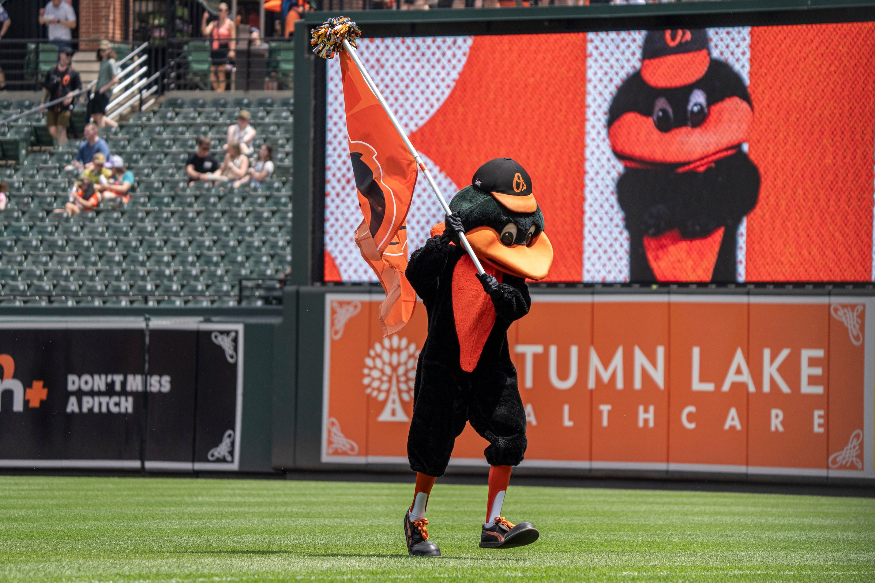 The Oriole Bird, mascot of the Baltimore Orioles, runs onto the field before a baseball game between the Chicago White Sox and the Baltimore Orioles at Oriole Park at Camden Yards on July 1, 2026.