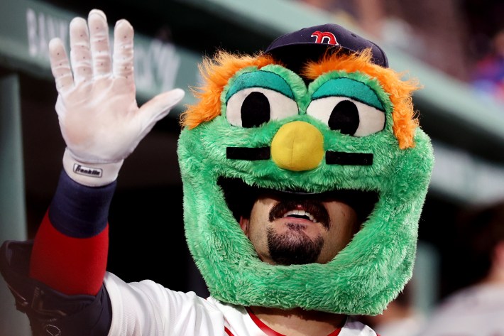 BOSTON, MASSACHUSETTS - AUGUST 18: Mickey Gasper #30 of the Boston Red Sox celebrates with the mascot Wally head after hitting a home run against the Arizona Diamondbacks during the sixth inning at Fenway Park on August 18, 2026 in Boston, Massachusetts. The Red Sox defeat the Diamondbacks 9-4.  (Photo by Maddie Meyer/Getty Images)