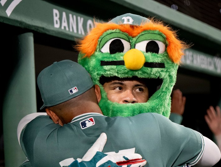 BOSTON, MASSACHUSETTS - AUGUST 21: Willson Contreras #40 of the Boston Red Sox reacts wearing the Wally Home Run Head in the dugout after hitting a three-run home run during the third inning of a game against the San Francisco Giants on August 21, 2026  at Fenway Park in Boston, Massachusetts. (Photo by Maddie Malhotra/Boston Red Sox/Getty Images)