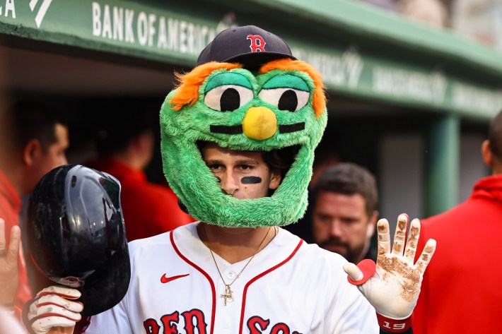 BOSTON, MA - SEPTEMBER 2: Roman Anthony #19 of the Boston Red Sox is congratulated with the Wally hat on in the dugout after his home run against the Seattle Mariners during the game at Fenway Park on September 2, 2026 in Boston, Massachusetts. (Photo By Winslow Townson/Getty Images)