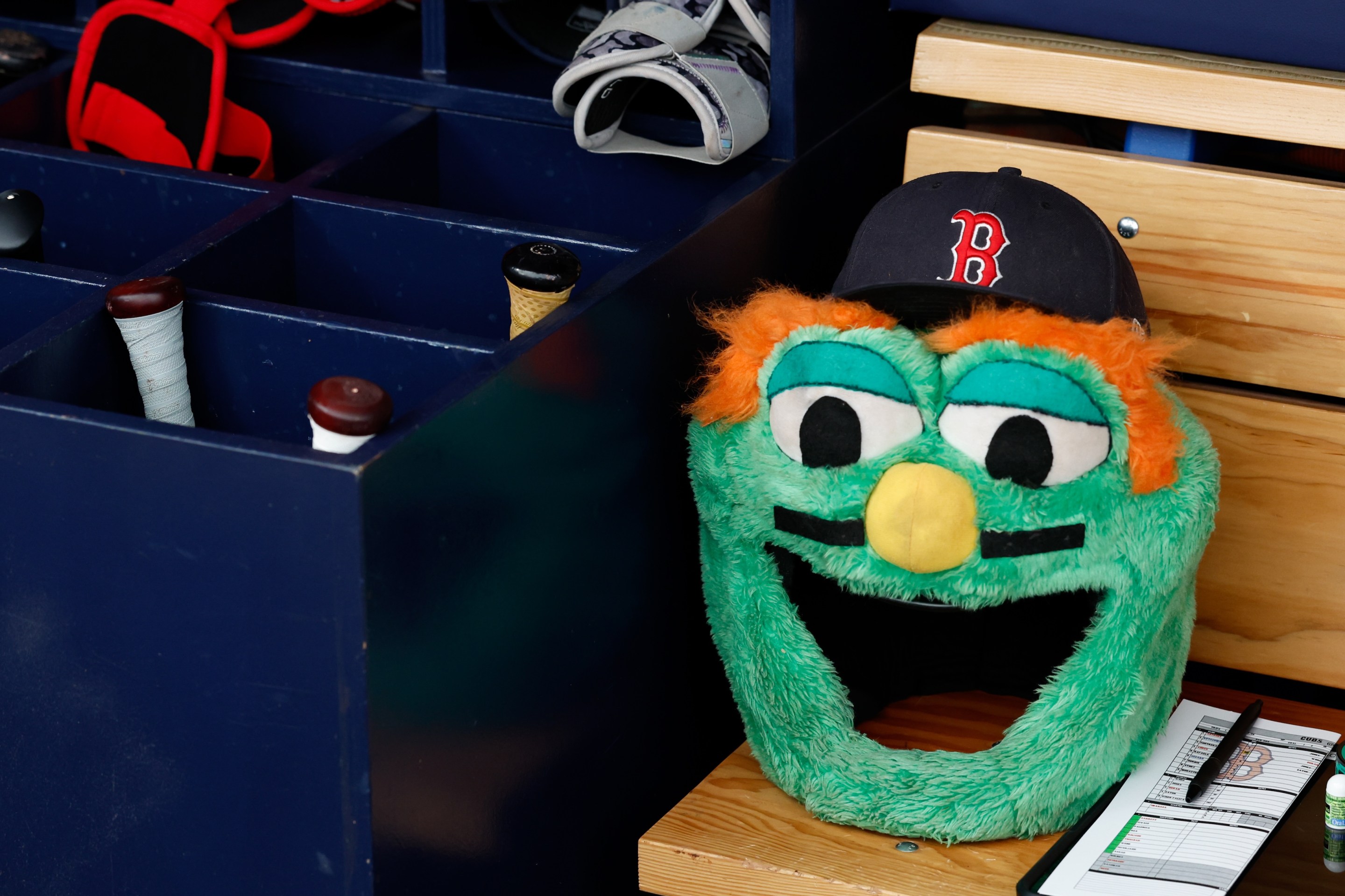 ST. PETERSBURG, FL - SEPTEMBER 27: A detail shot of the Wally the Green Monster home run mask in the dugout prior to the game between the Chicago Cubs and the Boston Red Sox at Tropicana Field on Sunday, September 27, 2026 in St. Petersburg, Florida. (Photo by Scott Audette/MLB Photos via Getty Images)