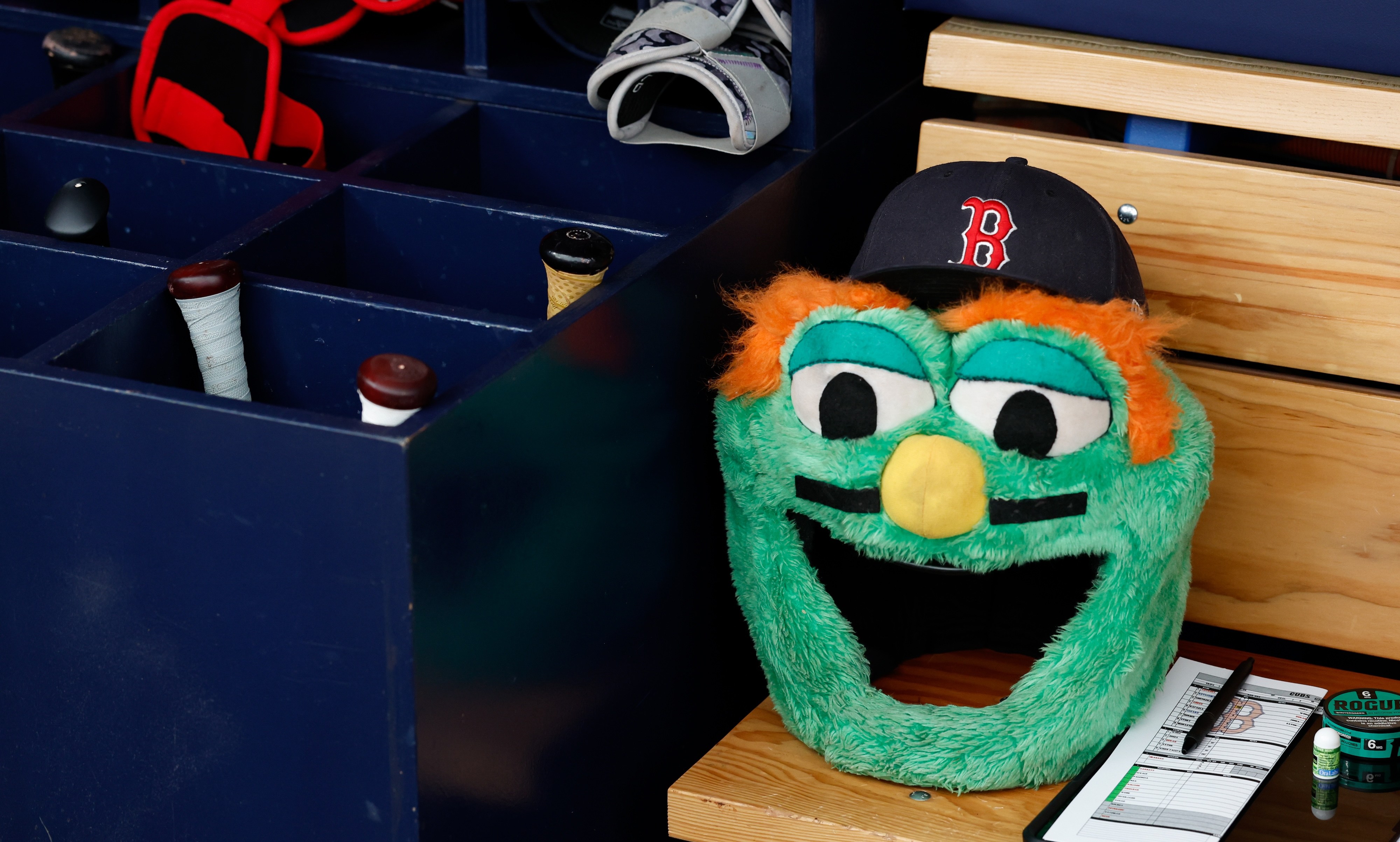 ST. PETERSBURG, FL - SEPTEMBER 27: A detail shot of the Wally the Green Monster home run mask in the dugout prior to the game between the Chicago Cubs and the Boston Red Sox at Tropicana Field on Sunday, September 27, 2026 in St. Petersburg, Florida. (Photo by Scott Audette/MLB Photos via Getty Images)