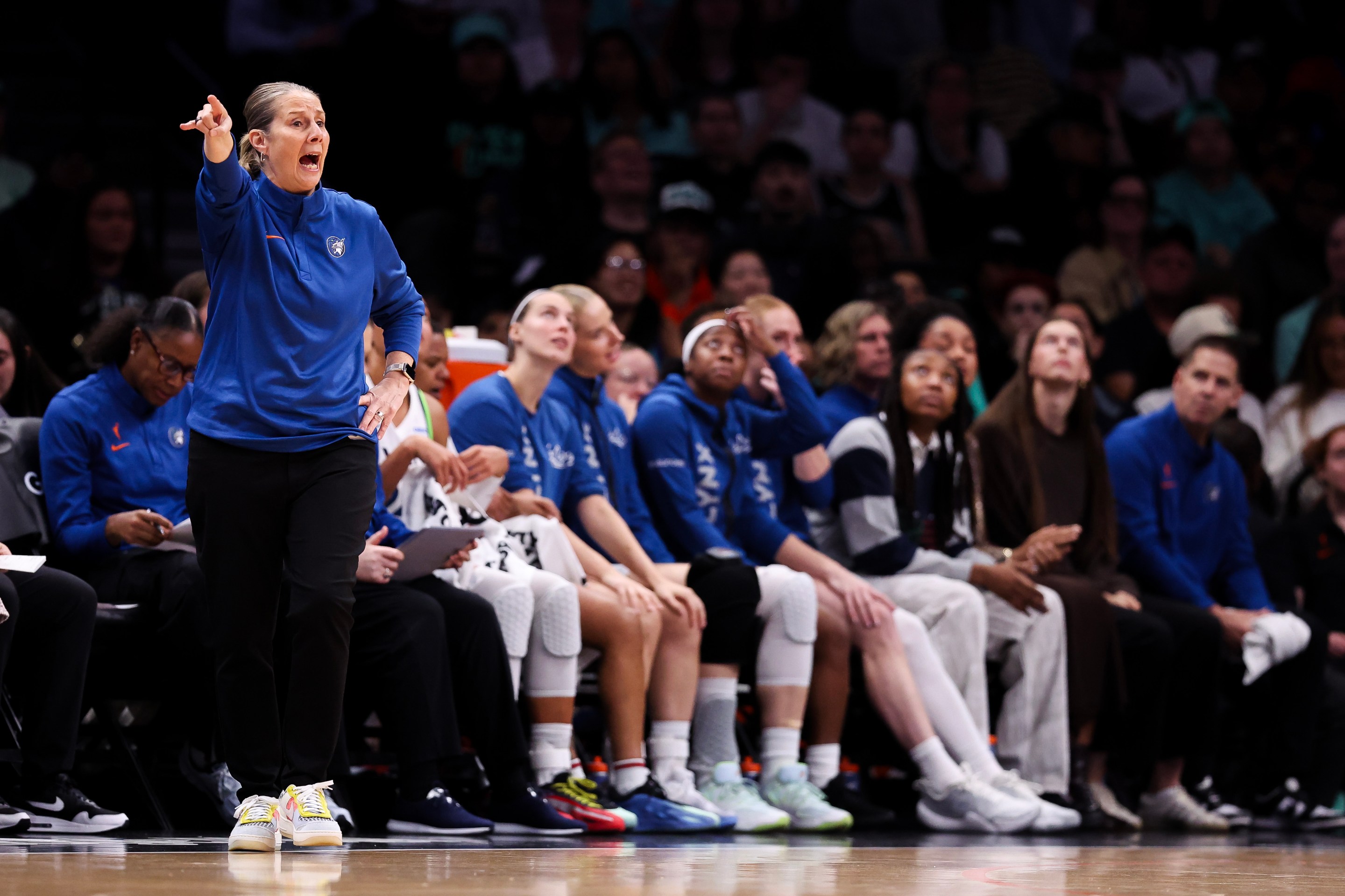 NEW YORK, NEW YORK - SEPTEMBER 29: Head coach Cheryl Reeve of the New York Liberty reacts in the first quarter against the Minnesota Lynx during game two of the WNBA Playoffs at Barclays Center on September 29, 2026 in the Brooklyn borough of New York City.