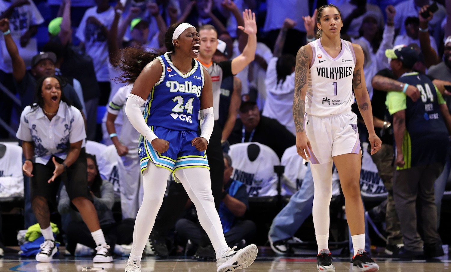 ARLINGTON, TEXAS - SEPTEMBER 30: Arike Ogunbowale #24 of the Dallas Wings celebrates in the fourth quarter against the Golden State Valkyries during game two of the first round of the WNBA Playoffs at College Park Center on September 30, 2026 in Arlington, Texas. (Photo by Stacy Revere/Getty Images)