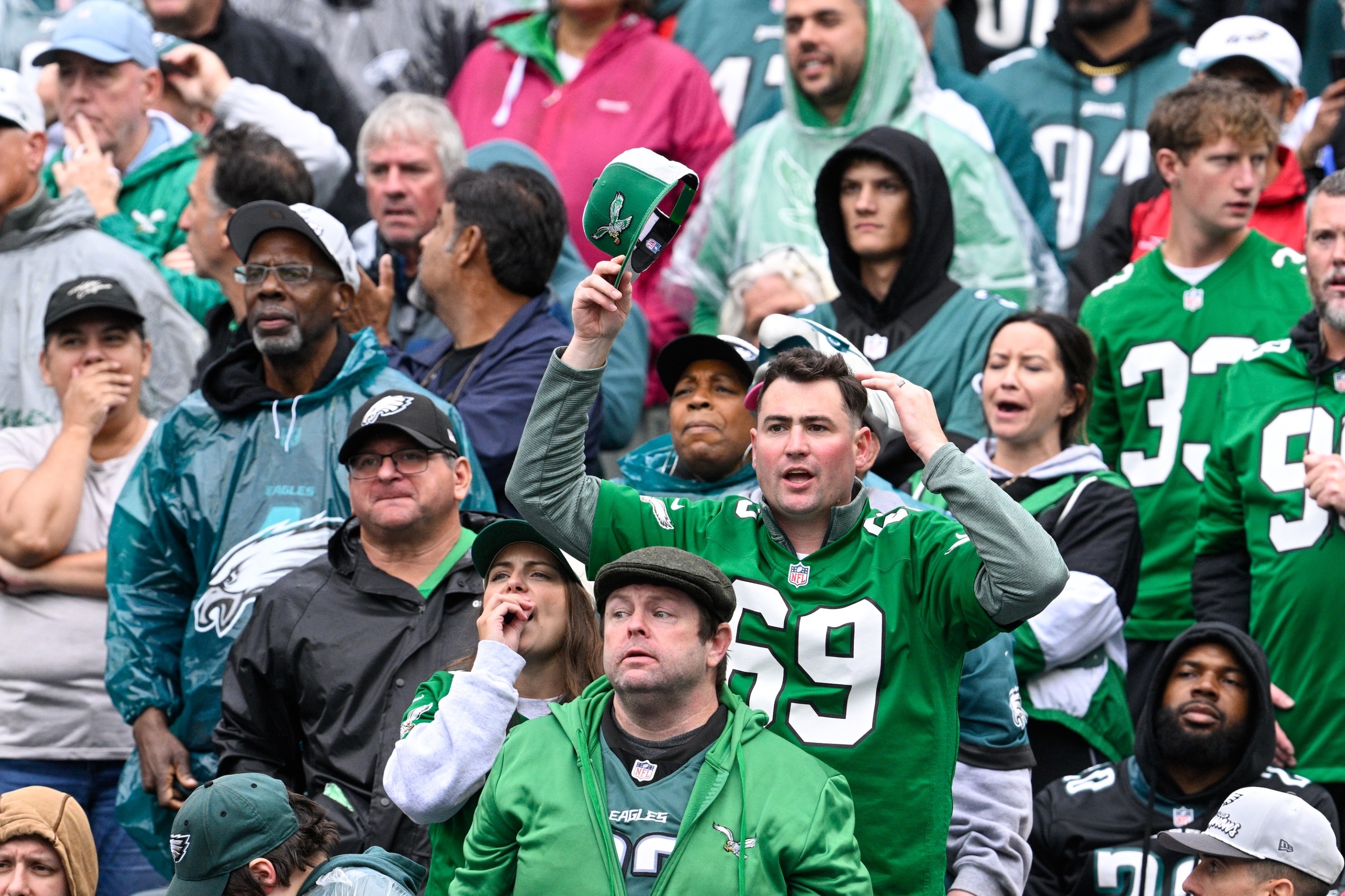 PHILADELPHIA, PA - OCTOBER 04: A distraught Eagles fan is shown in fourth quarter during the game between the Philadelphia Eagles and the Los Angeles Rams on October 4th, 2026 at Lincoln Financial Field in Philadelphia, PA. (Photo by Terence Lewis/Icon Sportswire via Getty Images)