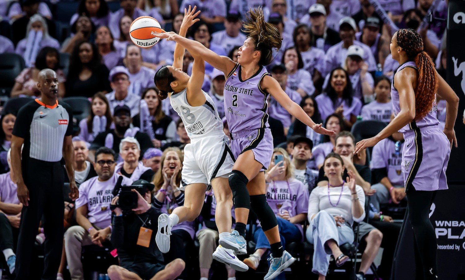 Kaitlyn Chen (2) blocks a shot by Mai Yamamoto (18) in the second half as the Golden State Valkyries played the Las Vegas Aces in Game 1 of the 2026 WNBA playoffs semifinals at Chase Center in San Francisco on Sunday, Oct. 4, 2026.