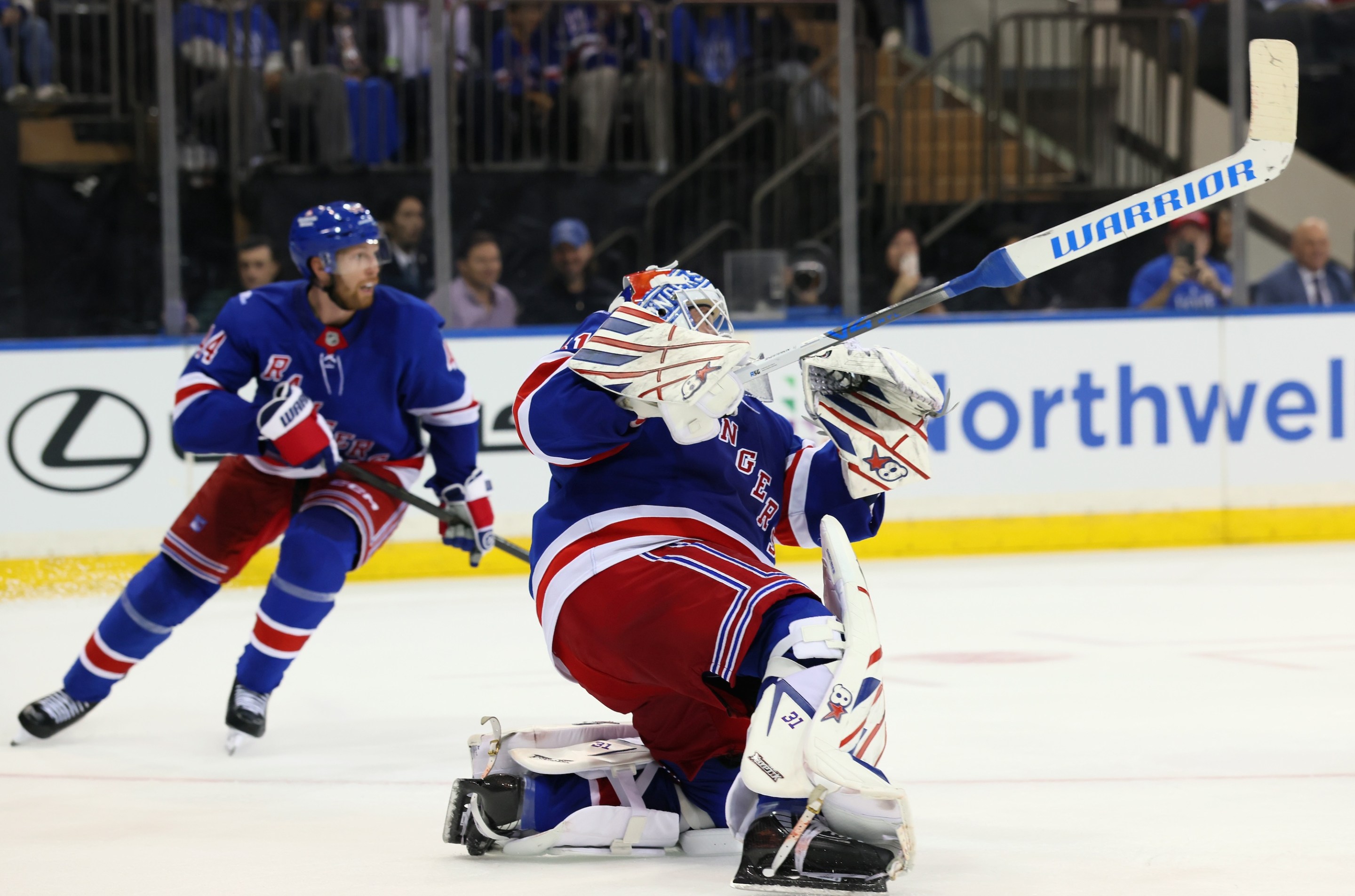 NEW YORK, NEW YORK - OCTOBER 01: Igor Shesterkin #31 of the New York Rangers scores the first goalie goal in Rangers history against the Tampa Bay Lightning at Madison Square Garden on October 01, 2026 in New York City. (Photo by Bruce Bennett/Getty Images)