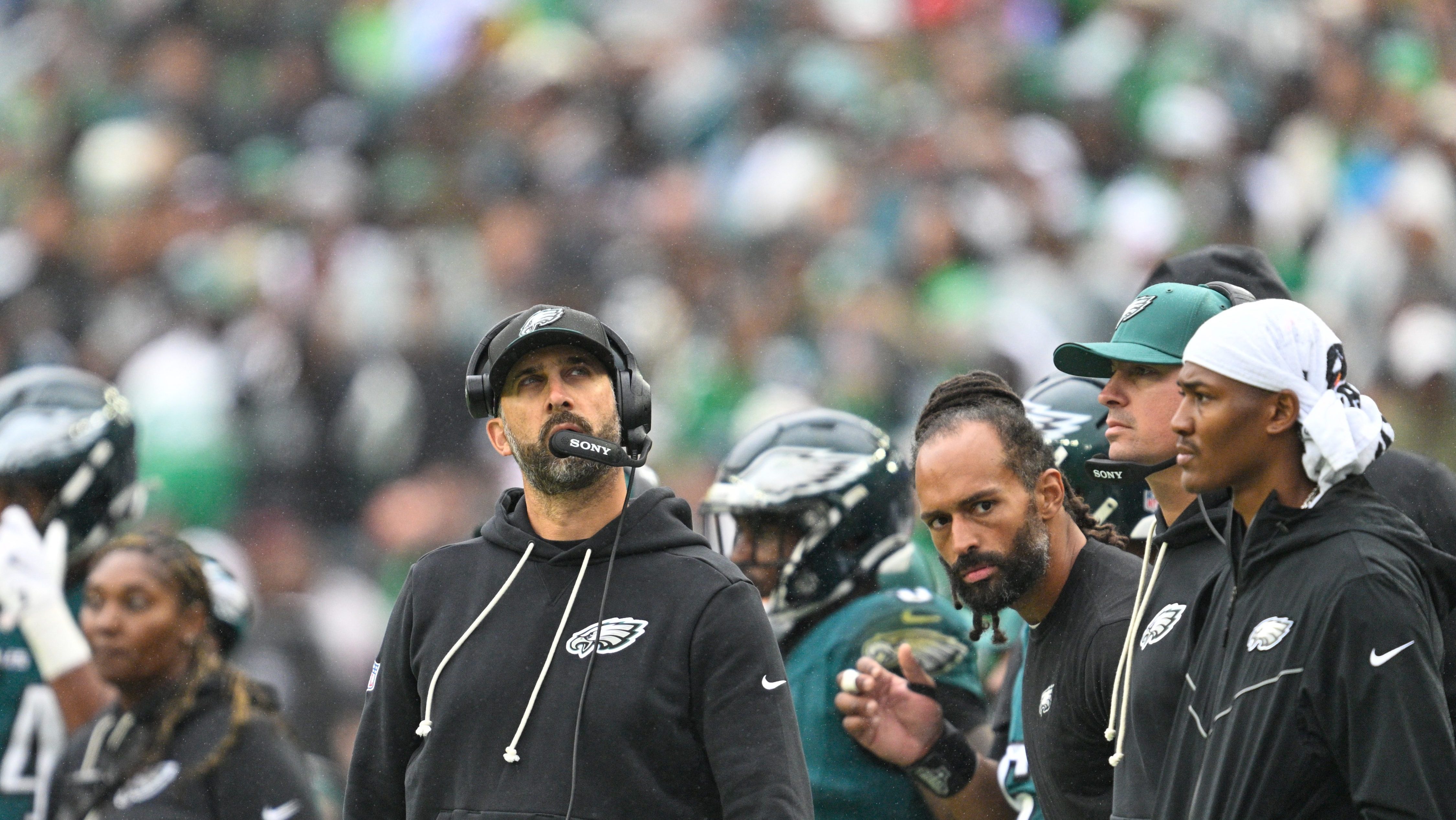 Philadelphia Eagles head coach Nick Sirianni looks on during the game between the Philadelphia Eagles and the Los Angeles Rams on October 4th, 2026 at Lincoln Financial Field in Philadelphia, PA.