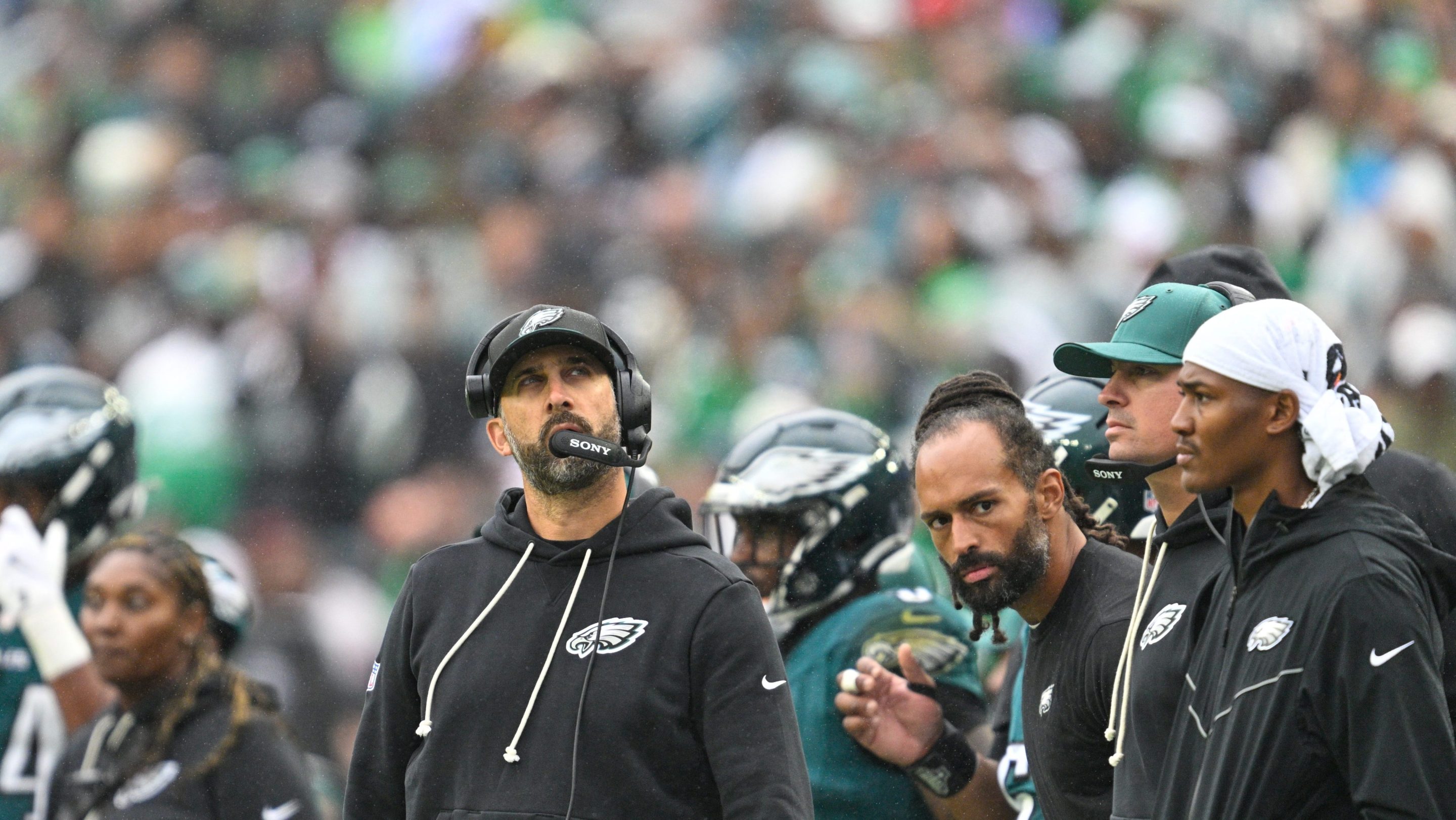 Philadelphia Eagles head coach Nick Sirianni looks on during the game between the Philadelphia Eagles and the Los Angeles Rams on October 4th, 2026 at Lincoln Financial Field in Philadelphia, PA.