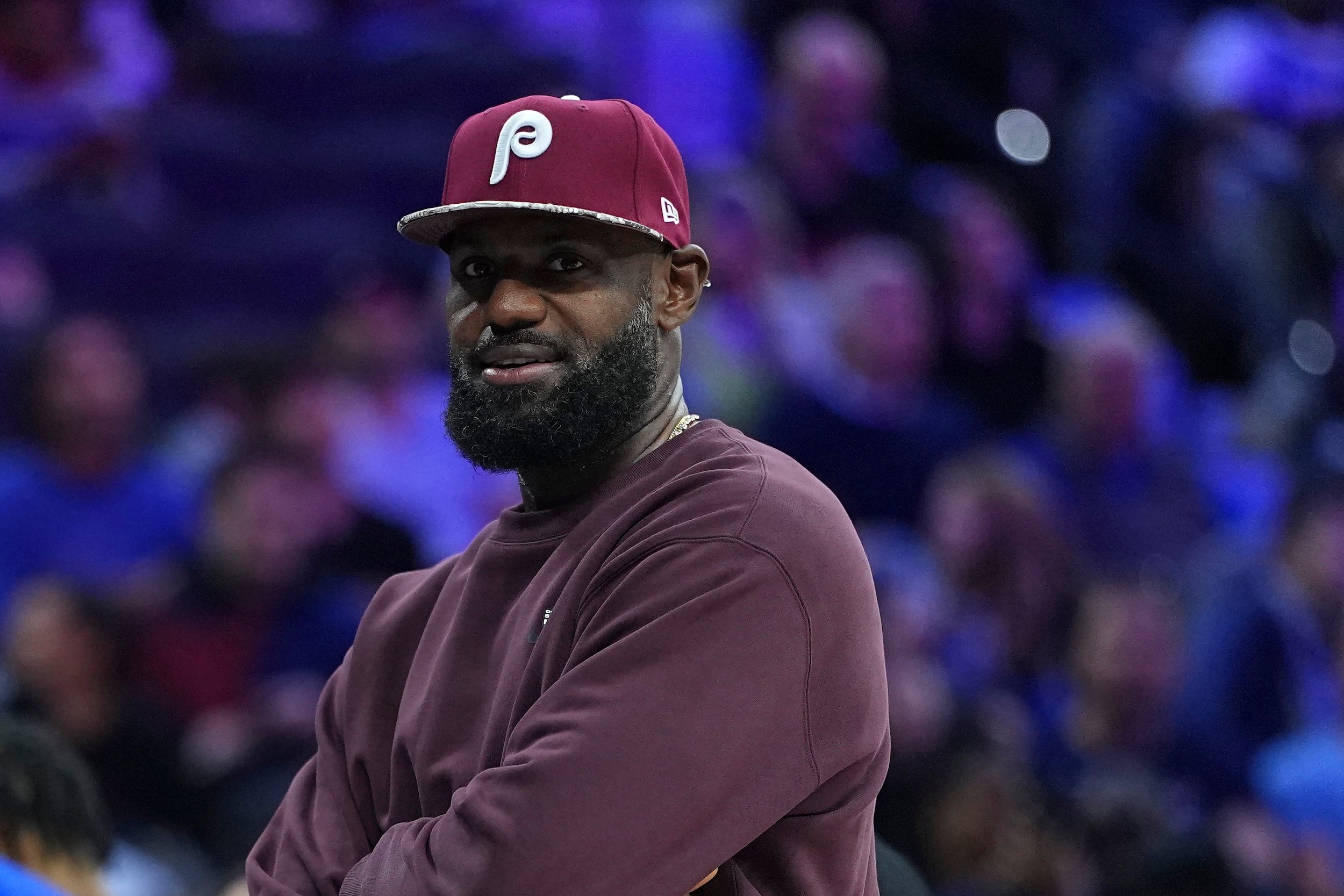 LeBron James dressed in Philly gear at a preseason NBA game.