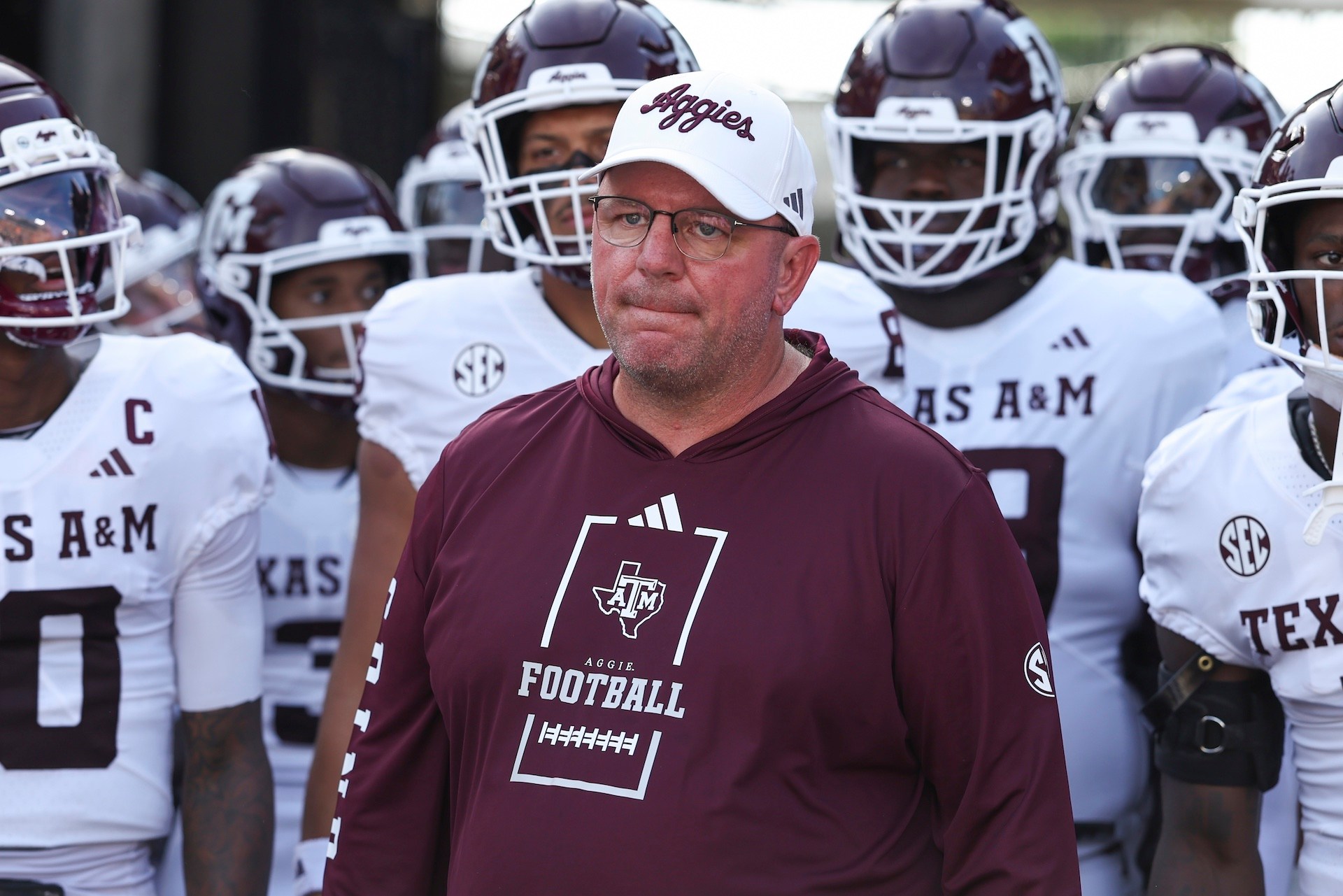 Mike Elko of the Texas A&amp;M Aggies prepare to lead his team onto the field before an SEC football game between the Texas A&amp;M Aggies and Missouri Tigers on Oct 10, 2026 at Memorial Stadium in Columbia, MO.