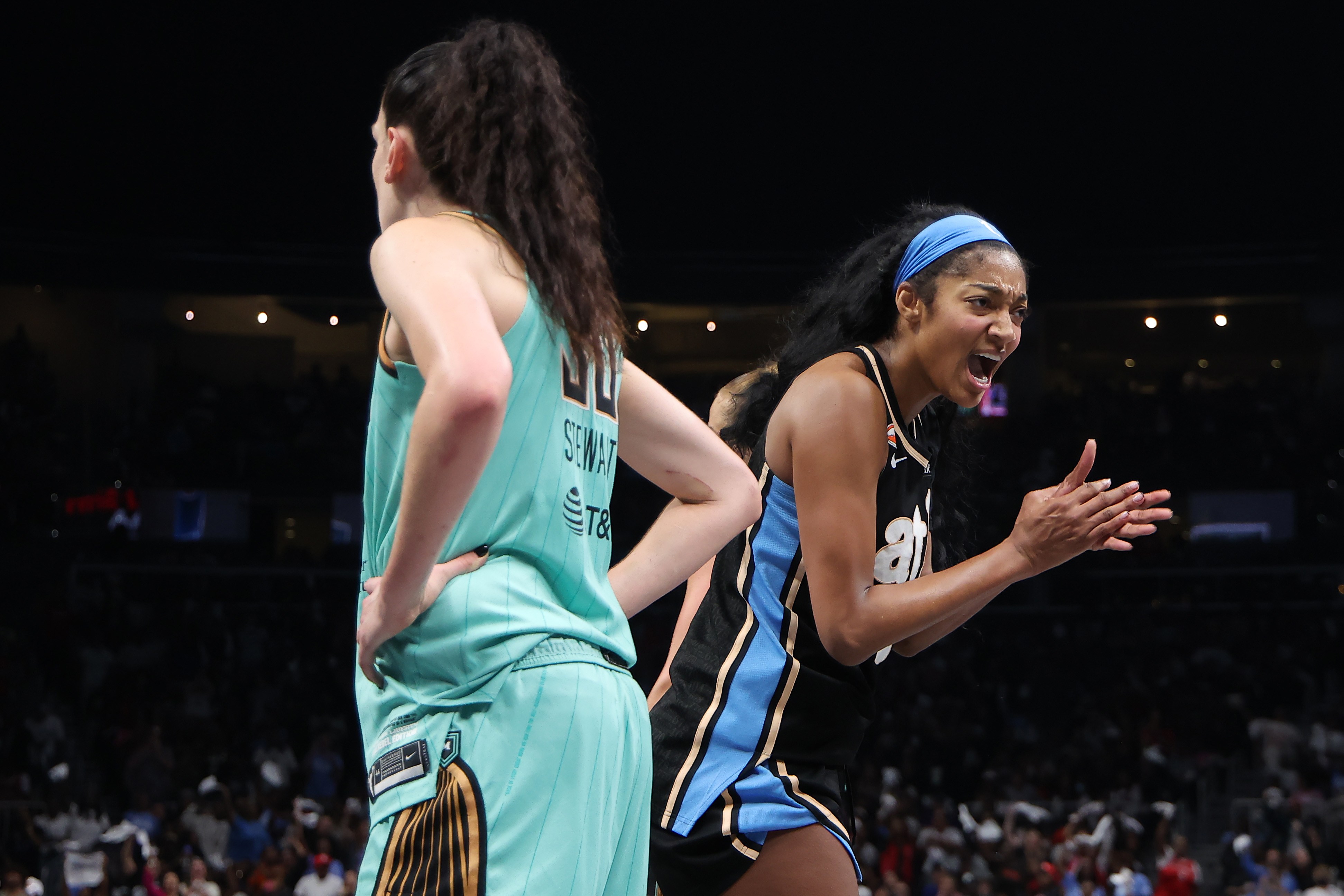Angel Reese #5 of the Atlanta Dream reacts during the second half of game two of the semifinals of the WNBA playoffs against the New York Liberty at State Farm Arena on October 07, 2026 in Atlanta, Georgia.