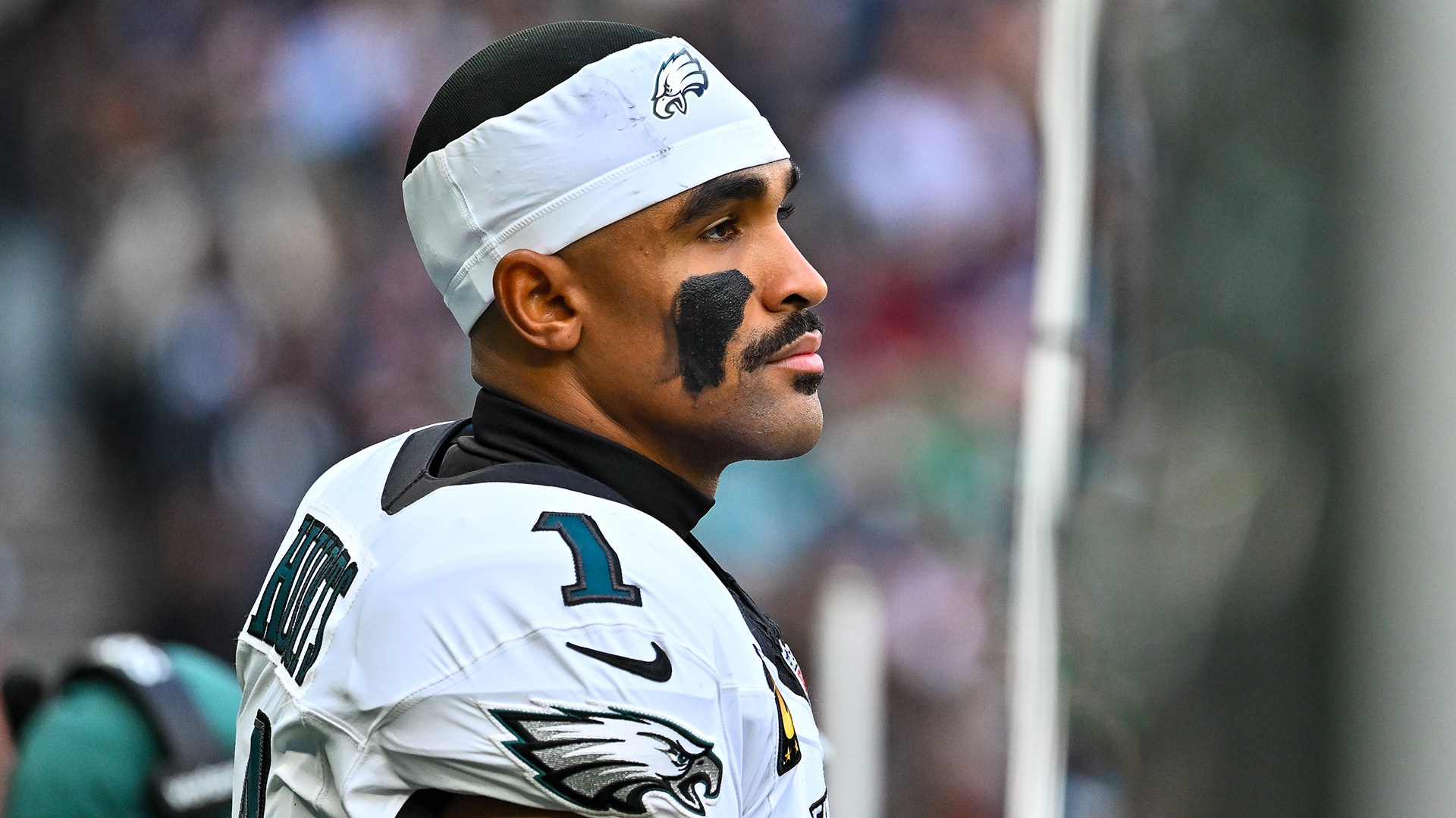 Jalen Hurts of Philadelphia Eagles looks on during the NFL match between Philadelphia Eagles and Jacksonville Jaguars at Tottenham Hotspur Stadium on October 11, 2026 in London, United Kingdom.