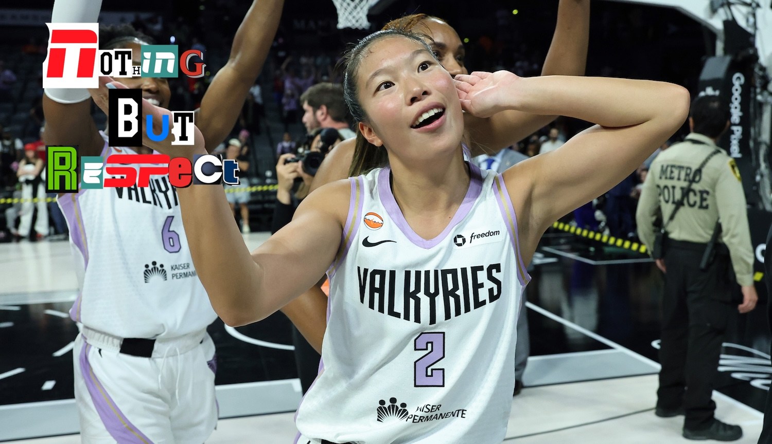 LAS VEGAS, NEVADA - OCTOBER 09: Kaitlyn Chen #2 of the Golden State Valkyries celebrates after defeating the Las Vegas Aces in Game Three of the 2026 WNBA Playoffs semifinals at Michelob ULTRA Arena on October 09, 2026 in Las Vegas, Nevada. NOTE TO USER: User expressly acknowledges and agrees that, by downloading and or using this photograph, User is consenting to the terms and conditions of the Getty Images License Agreement. (Photo by Ethan Miller/Getty Images)