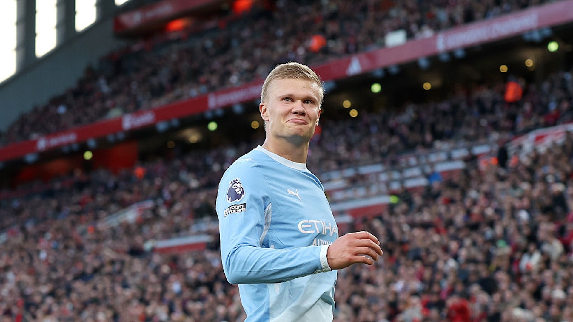 Erling Haaland smirking at the crowd