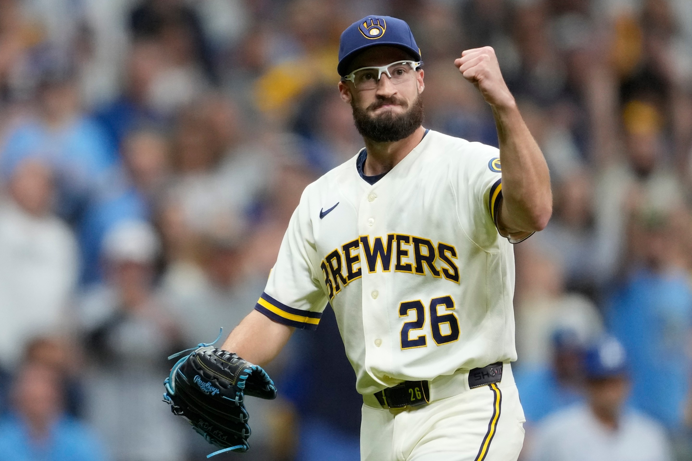 Aaron Ashby of the Milwaukee Brewers reacts against the Los Angeles Dodgers during the eighth inning in game one of the National League Championship Series.