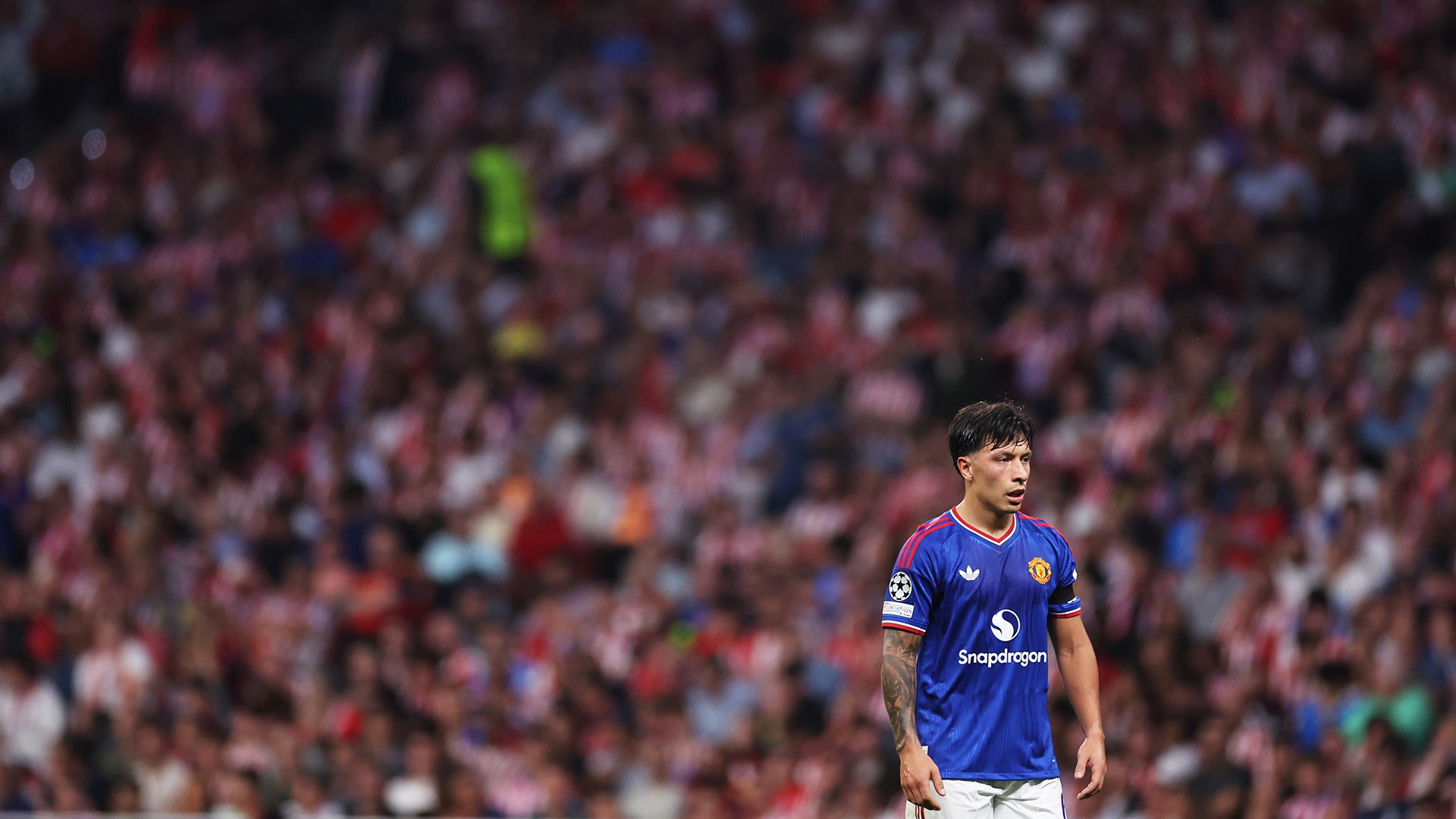Lisandro Martinez of Manchester United looks on during the UEFA Champions League 2026/27 League Phase MD2 match between Atletico de Madrid and Manchester United at Estadio Metropolitano on October 13, 2026 in Madrid, Spain.