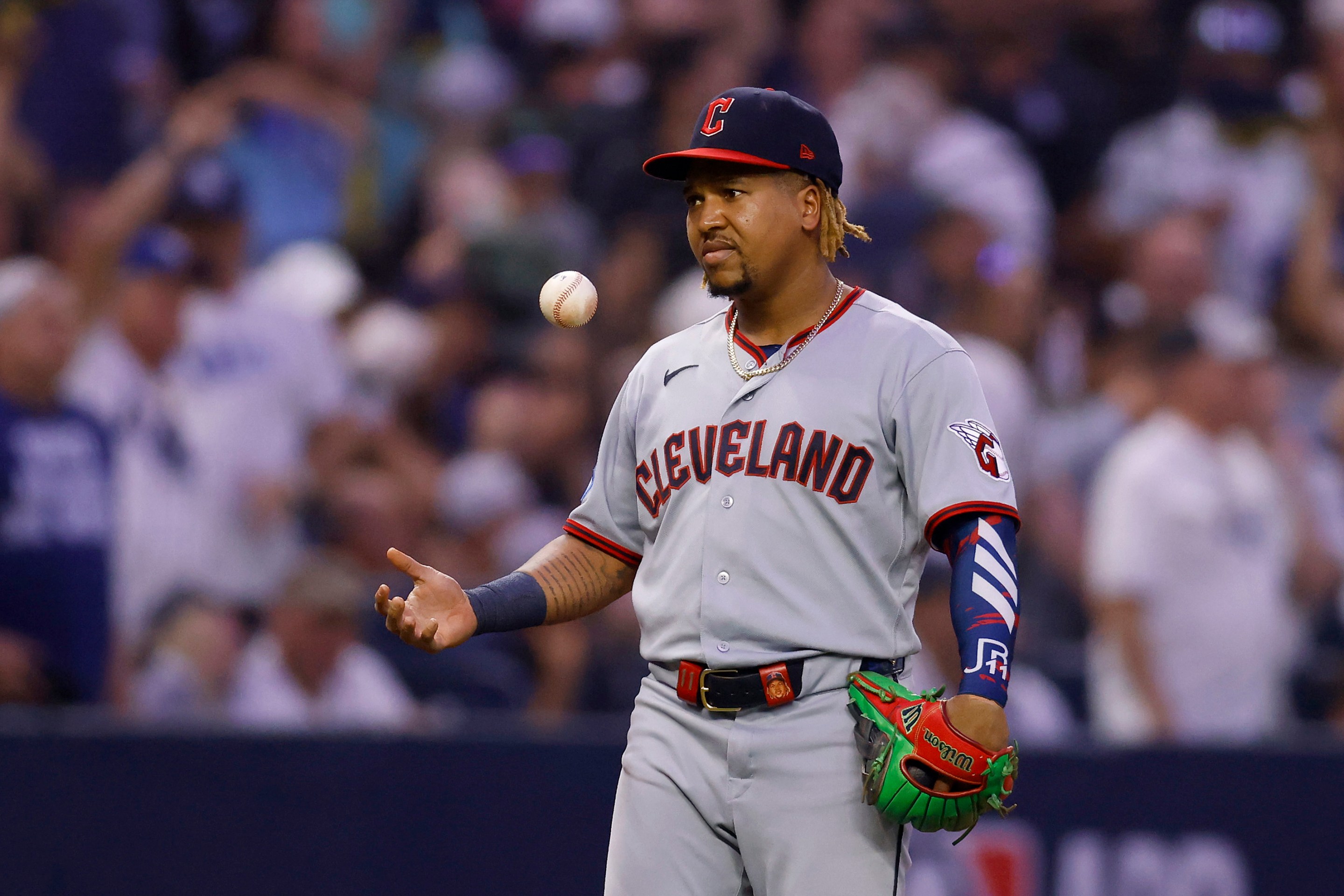 Jose Ramirez of the Cleveland Guardians reacts after committing an error that scored Victor Mesa Jr. #25 of the Tampa Bay Rays during the fourth inning in game two of the American League Championship Series on October 13, 2026. He does not look happy.