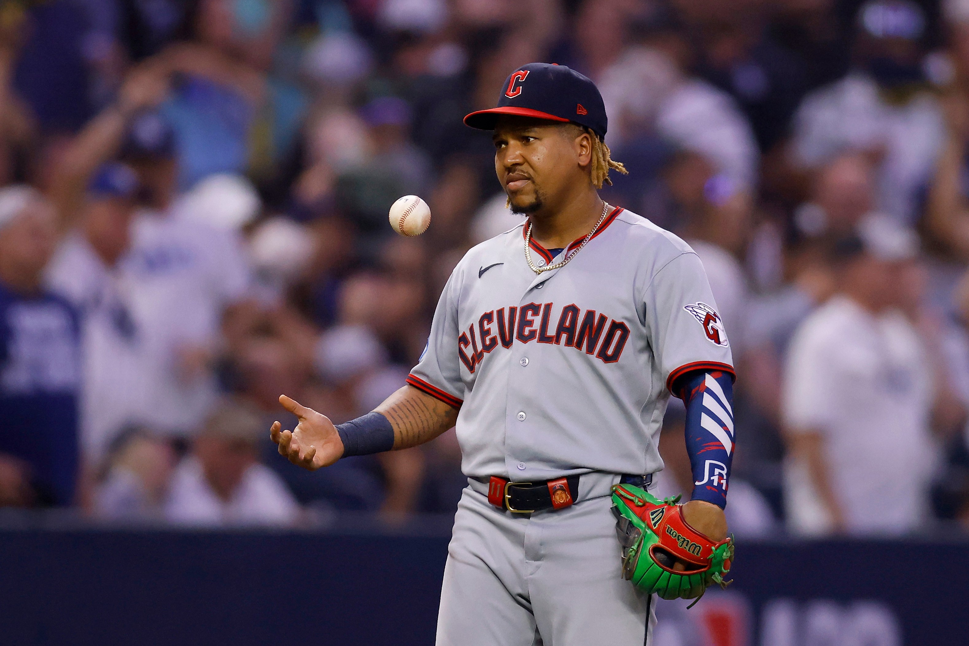 Jose Ramirez of the Cleveland Guardians reacts after committing an error that scored Victor Mesa Jr. #25 of the Tampa Bay Rays during the fourth inning in game two of the American League Championship Series on October 13, 2026. He does not look happy.