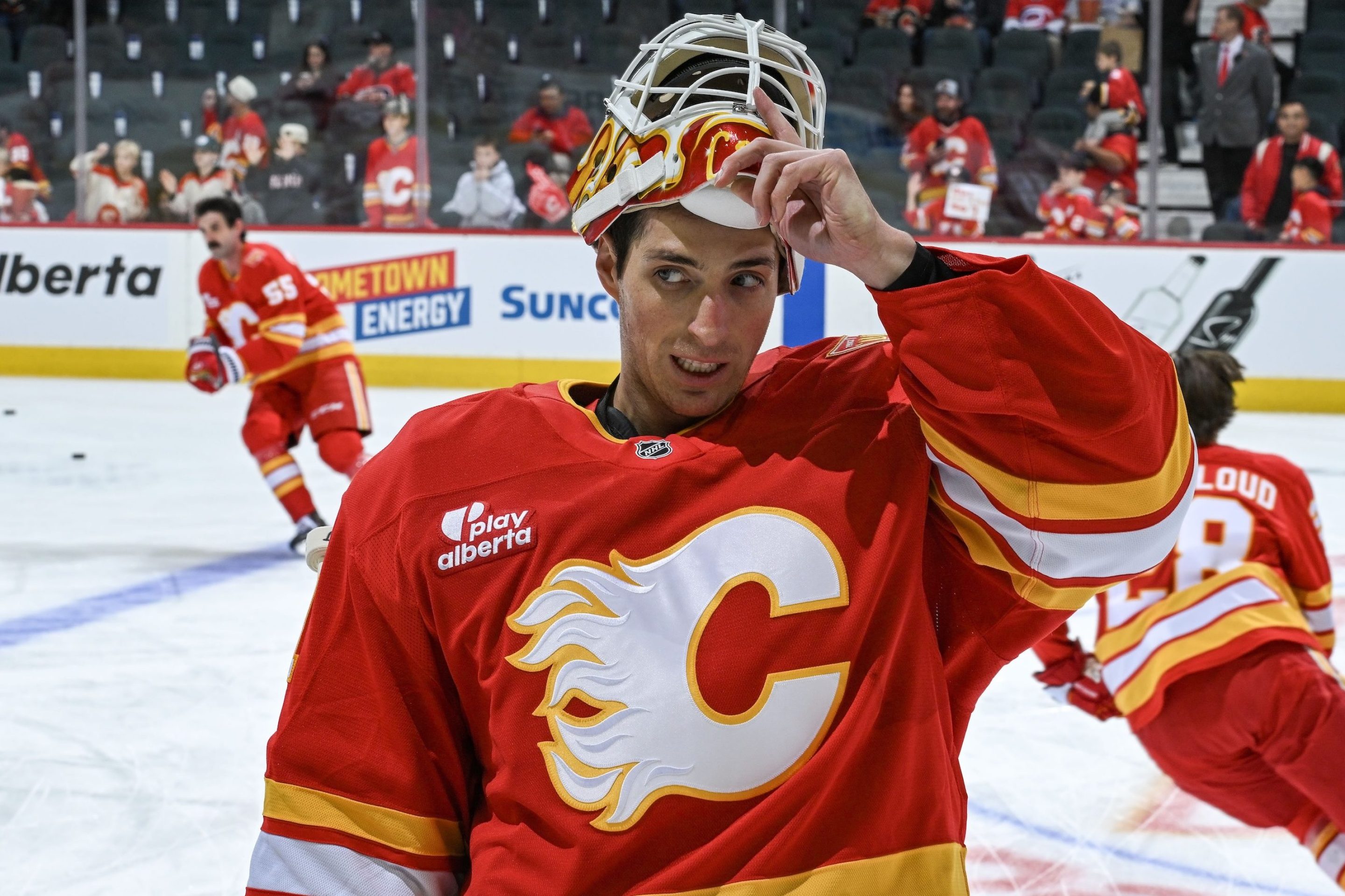 CALGARY, AB - OCTOBER 18: Devin Cooley #1 of the Calgary Flames warms up prior to the game against the Carolina Hurricanes at Scotiabank Saddledome on October 18, 2026 in Calgary, Alberta, Canada. (Photo by Terence Leung/NHLI via Getty Images)