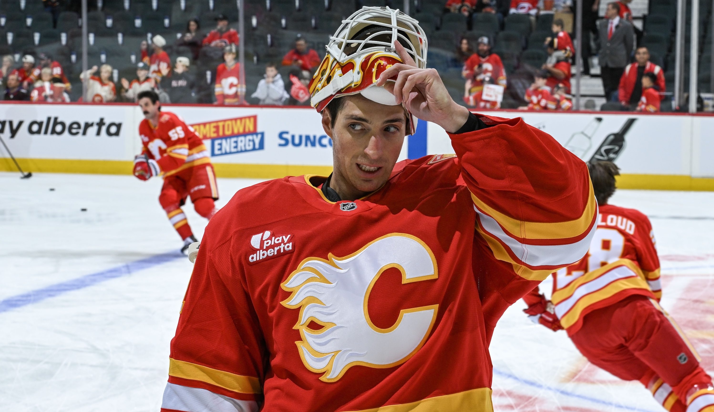 CALGARY, AB - OCTOBER 18: Devin Cooley #1 of the Calgary Flames warms up prior to the game against the Carolina Hurricanes at Scotiabank Saddledome on October 18, 2026 in Calgary, Alberta, Canada. (Photo by Terence Leung/NHLI via Getty Images)