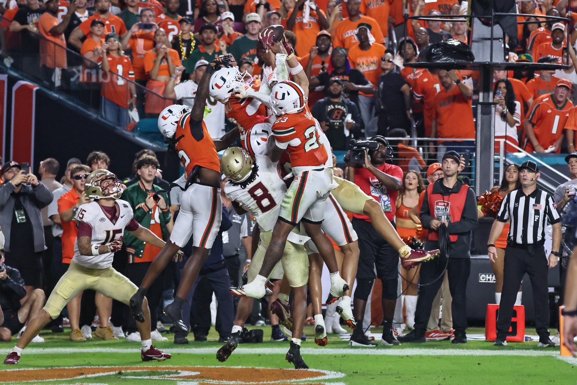 Miami Hurricanes defensive back Bryce Fitzgerald (3) intercepts a FSU pass to the end zone in overtime to end the game during a college football game between the Miami Hurricanes and Florida State Seminoles on October 17, 2026 at Hard Rock Stadium in Miami Gardens, Florida.