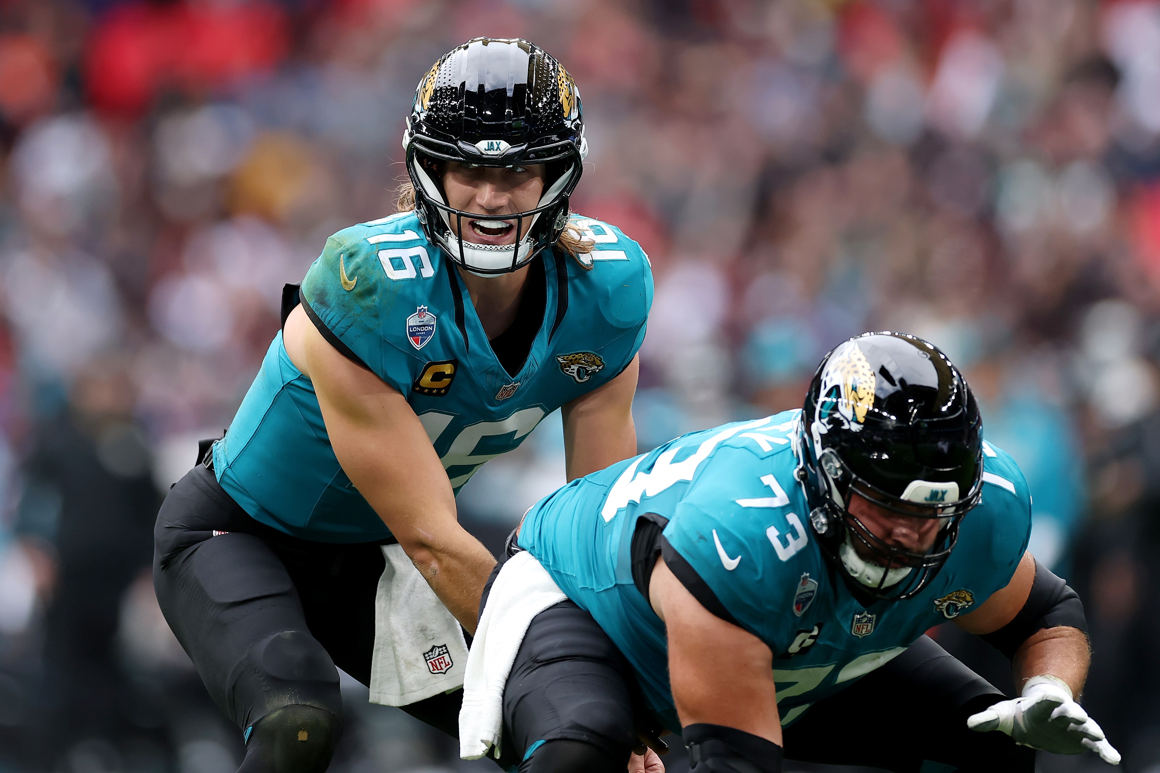 LONDON, ENGLAND - OCTOBER 18: Trevor Lawrence of the Jacksonville Jaguars reacts during the NFL London Series match between Houston Texans and Jacksonville Jaguars at Wembley Stadium on October 18, 2026 in London, England. (Photo by Alex Davidson/Getty Images)