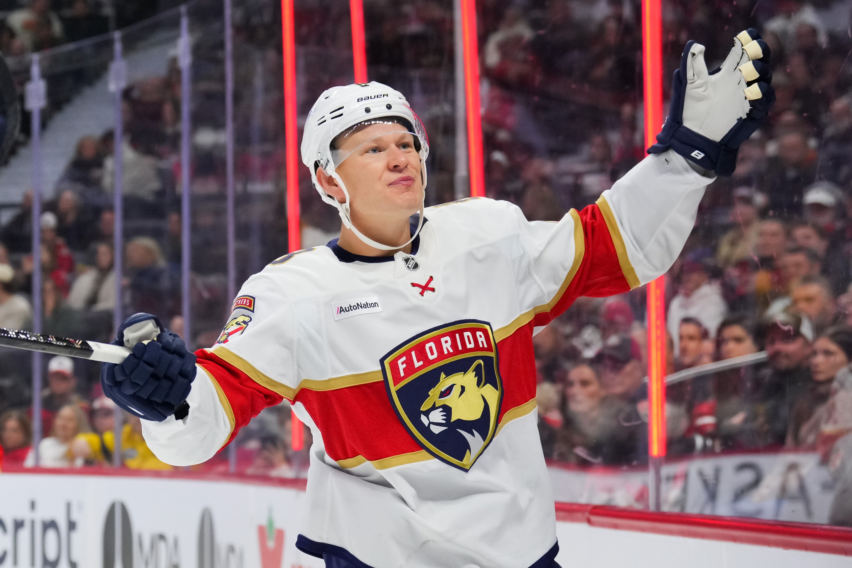 OTTAWA, Canada - OCTOBER 21: Brady Tkachuk #8 of the Florida Panthers celebrates his first period goal against the Ottawa Senators at Canadian Tire Centre on October 21, 2026 in Ottawa, Ontario, Canada. (Photo by Chris Tanouye/Freestyle Photography/Getty Images)