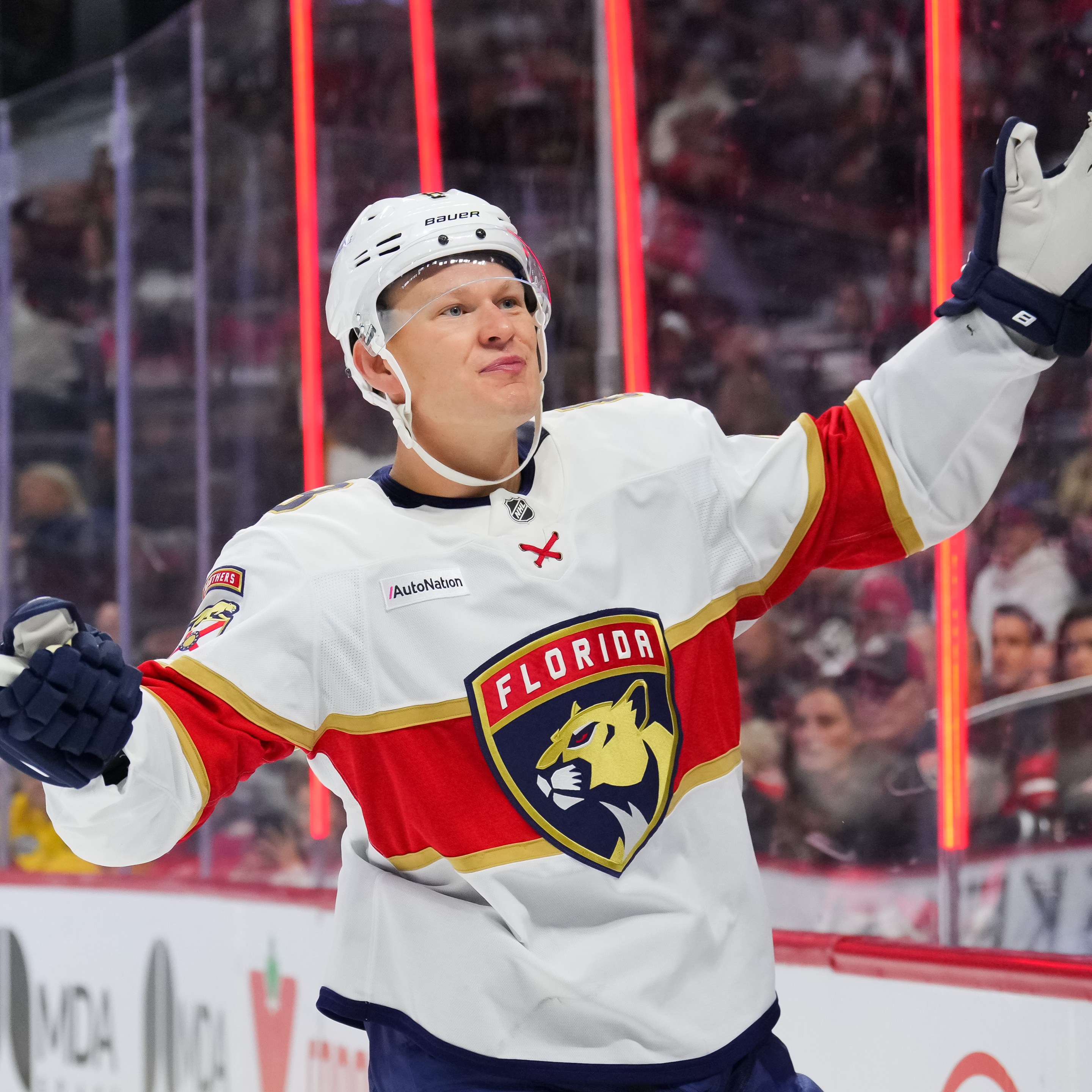 OTTAWA, Canada - OCTOBER 21: Brady Tkachuk #8 of the Florida Panthers celebrates his first period goal against the Ottawa Senators at Canadian Tire Centre on October 21, 2026 in Ottawa, Ontario, Canada. (Photo by Chris Tanouye/Freestyle Photography/Getty Images)