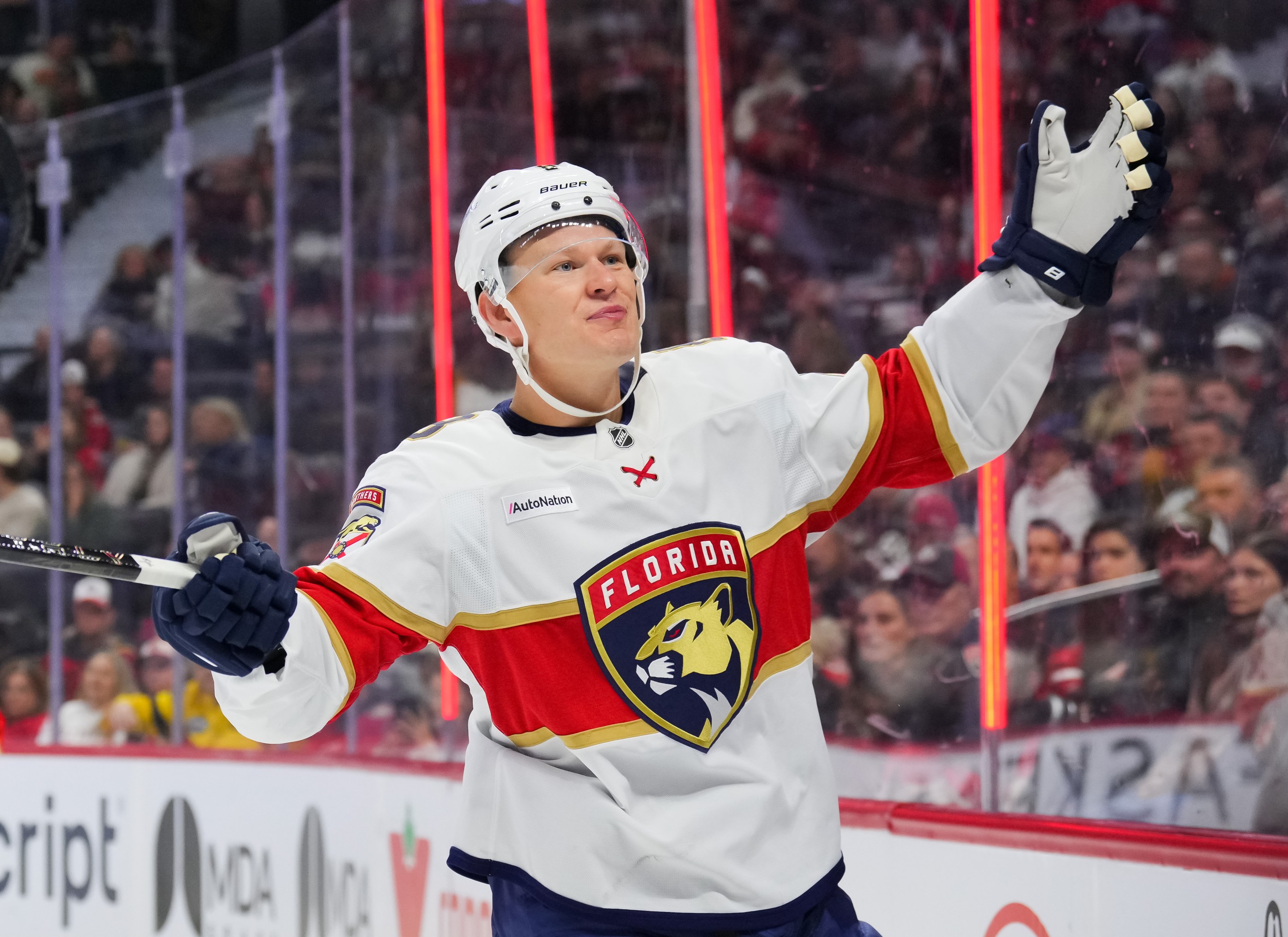 OTTAWA, Canada - OCTOBER 21: Brady Tkachuk #8 of the Florida Panthers celebrates his first period goal against the Ottawa Senators at Canadian Tire Centre on October 21, 2026 in Ottawa, Ontario, Canada. (Photo by Chris Tanouye/Freestyle Photography/Getty Images)