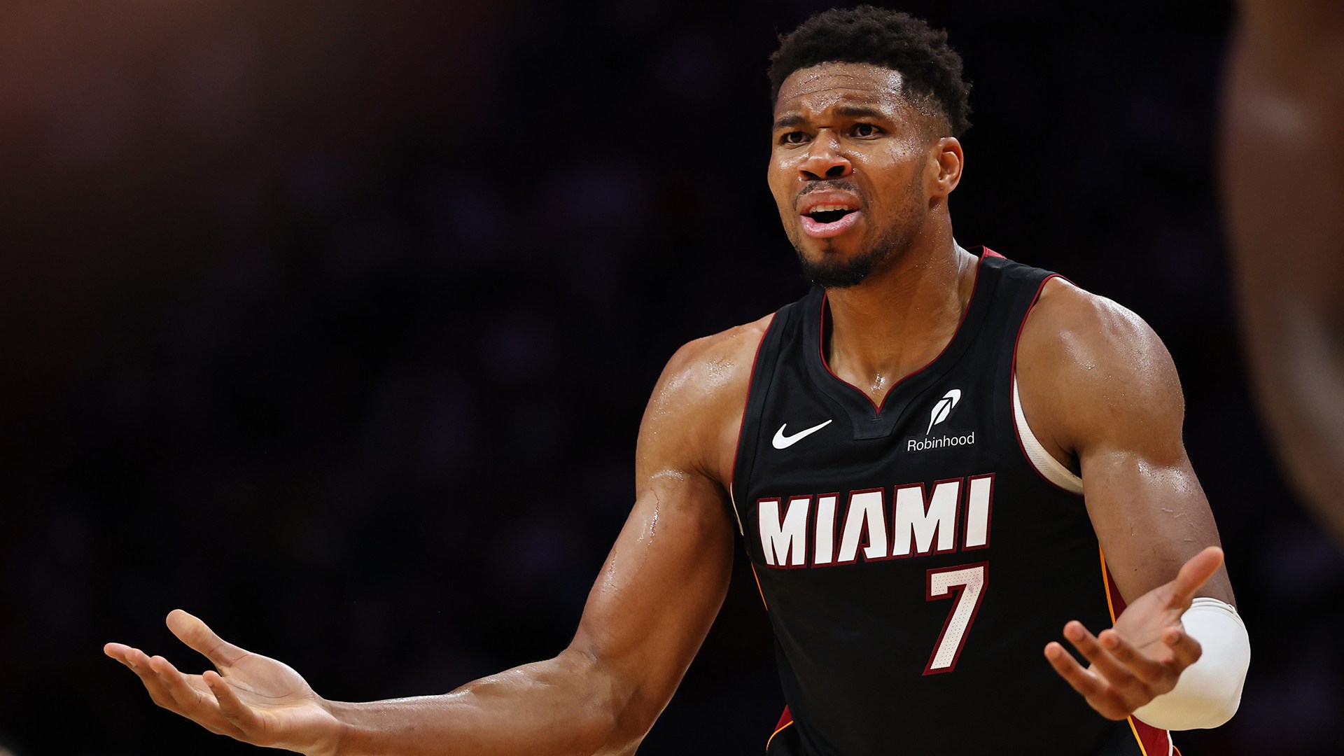 Giannis Antetokounmpo #7 of the Miami Heat reacts against the Detroit Pistons during the second half at Kaseya Center on October 23, 2026 in Miami, Florida.