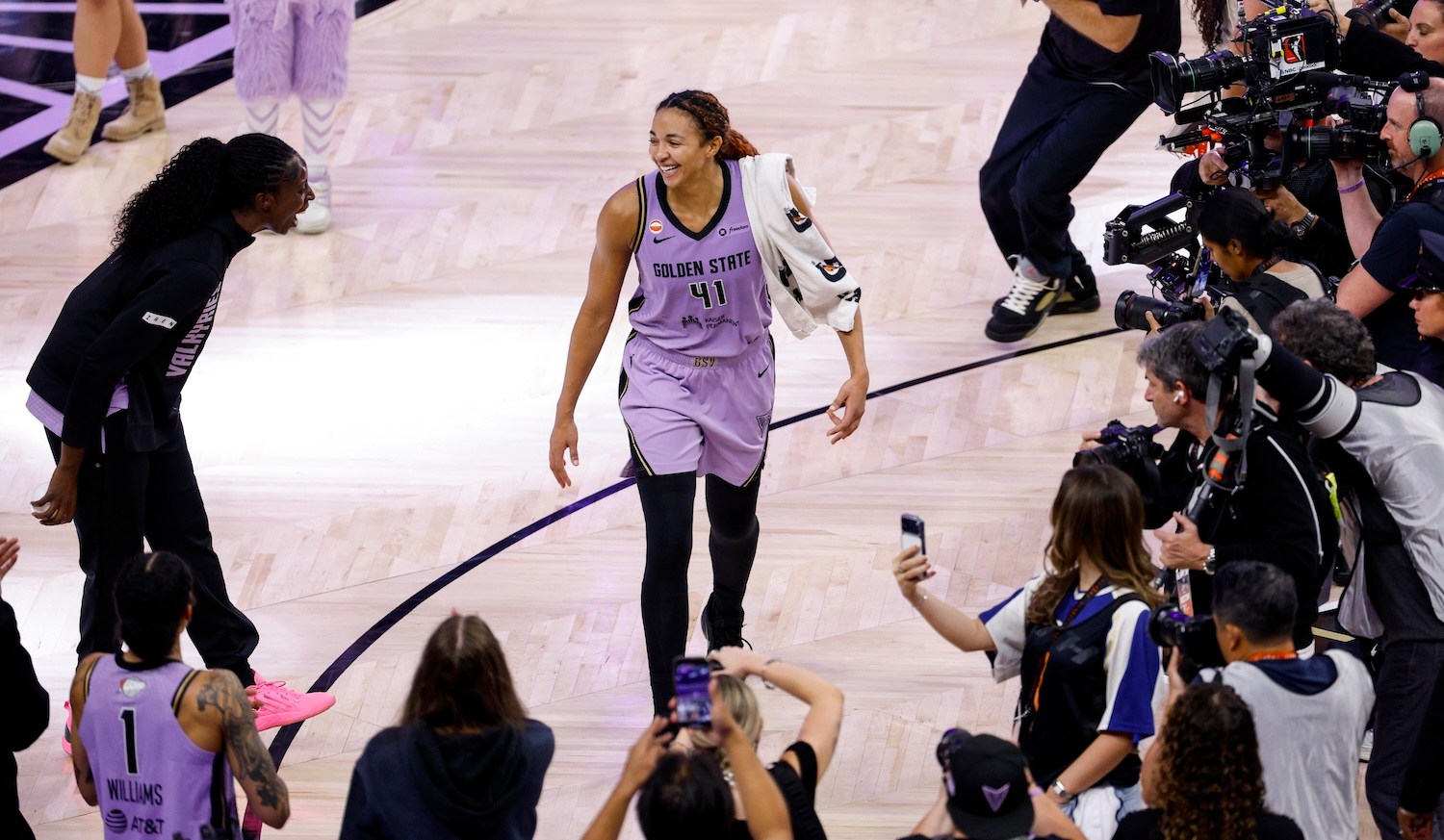Golden State Valkyries center Kiah Stokes (41) celebrates following a victory in Game 5 of the WNBA Finals between Atlanta Dream and Golden State Valkyries at Chase Center in San Francisco on Monday, Oct. 26, 2026.
